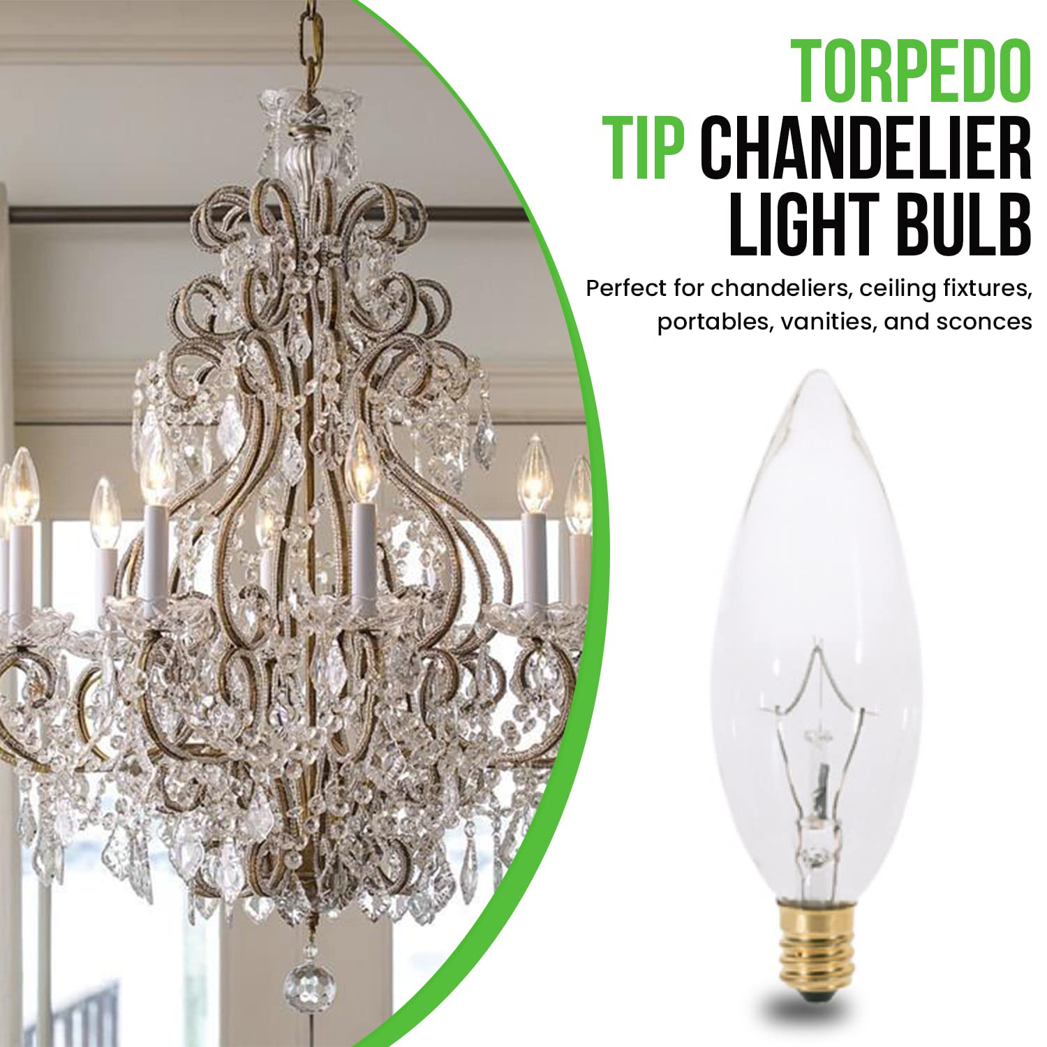 Bulbmaster 15 Watts Blunt Tip Decorative Light Bulbs Chandelier Light Bulb Candelabra Base Torpedo Clear Straight Dimmable Incandescent Light Bulbs, E12 Base Lamps Pack Of 12