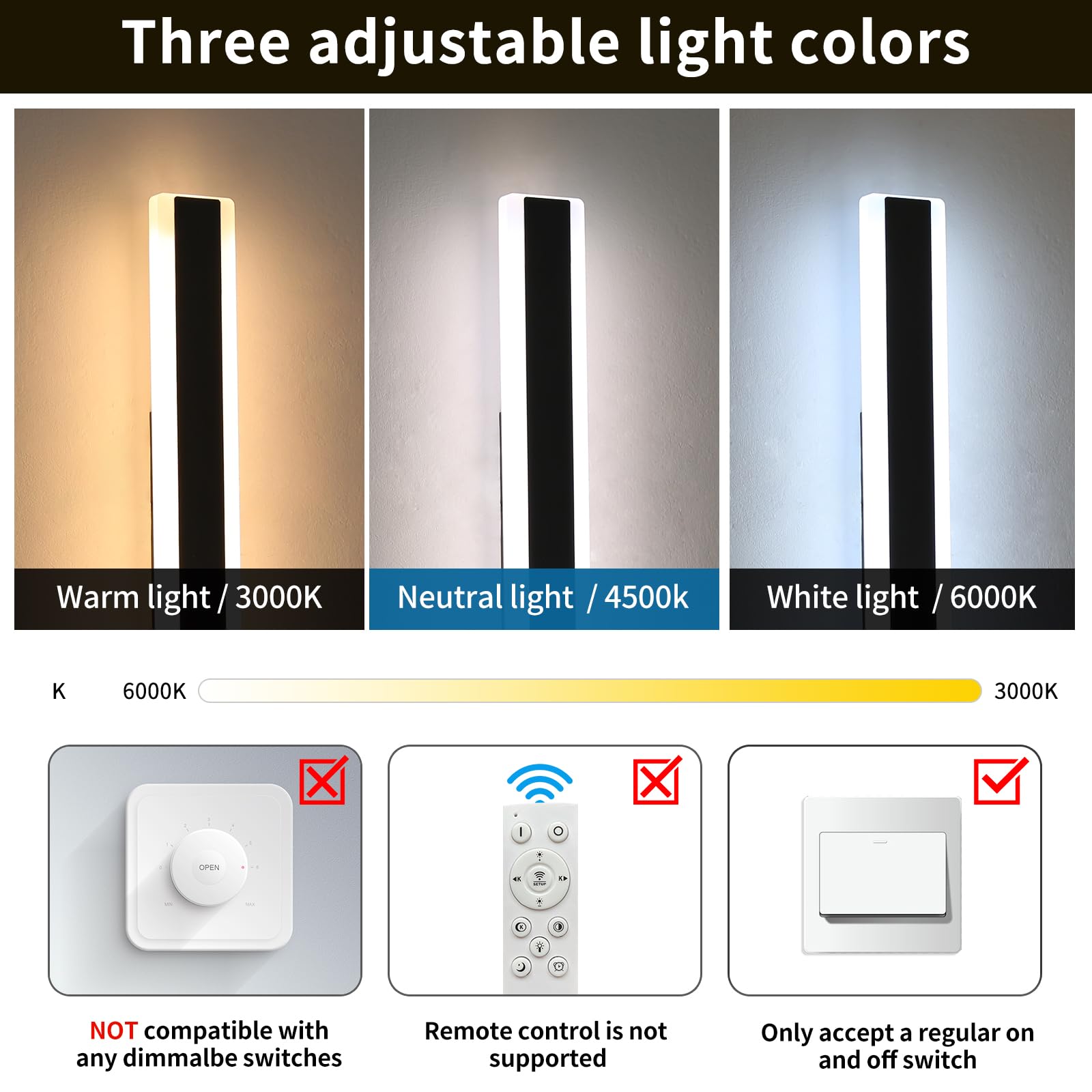 Daoseolo LED Outdoor Porch Light - 23.6" Modern Wall Sconce, IP65 Waterproof, 3 Color Temperatures, 24W, Acrylic, Model TC-FTBD-SS
