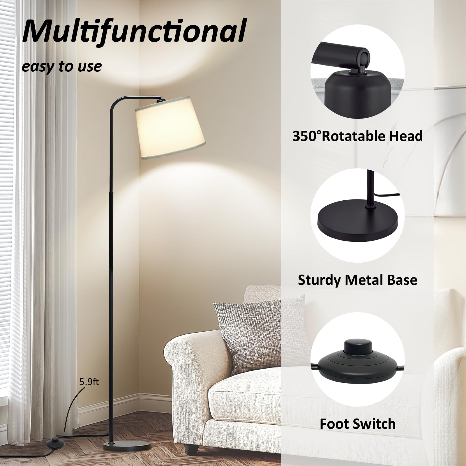 AKASUKI Floor Lamp with 3 Color Temperatures, 9W LED Bulb, Black Base-White Shade, Model LT-1125, for Living Room/Bedroom/Office