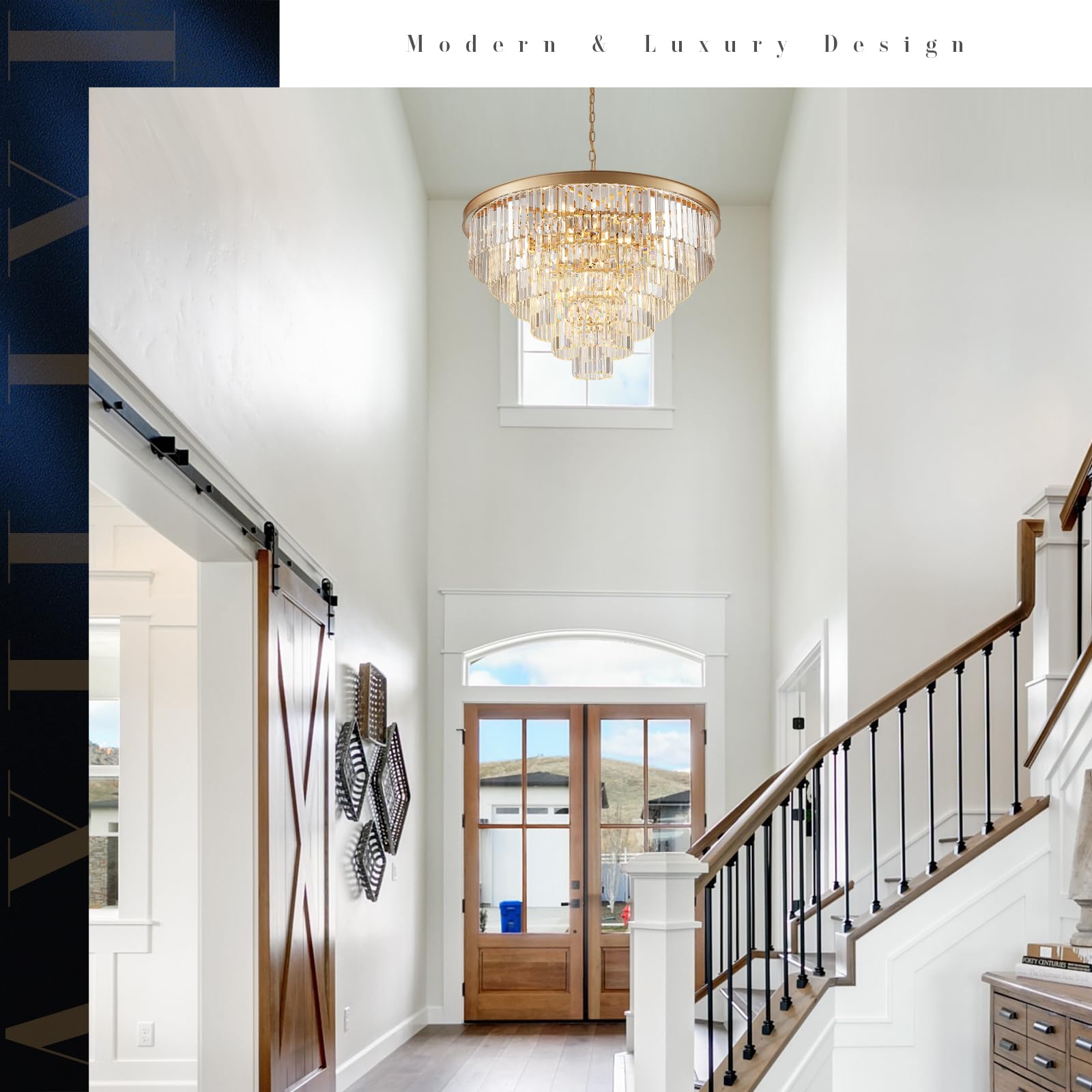 A AXILIXI Modern Gold Crystal Chandelier 35in  5-Tier K9 Metal Light Fixture for High Ceilings, Staircase, Entry, Living Room, Model DH88318