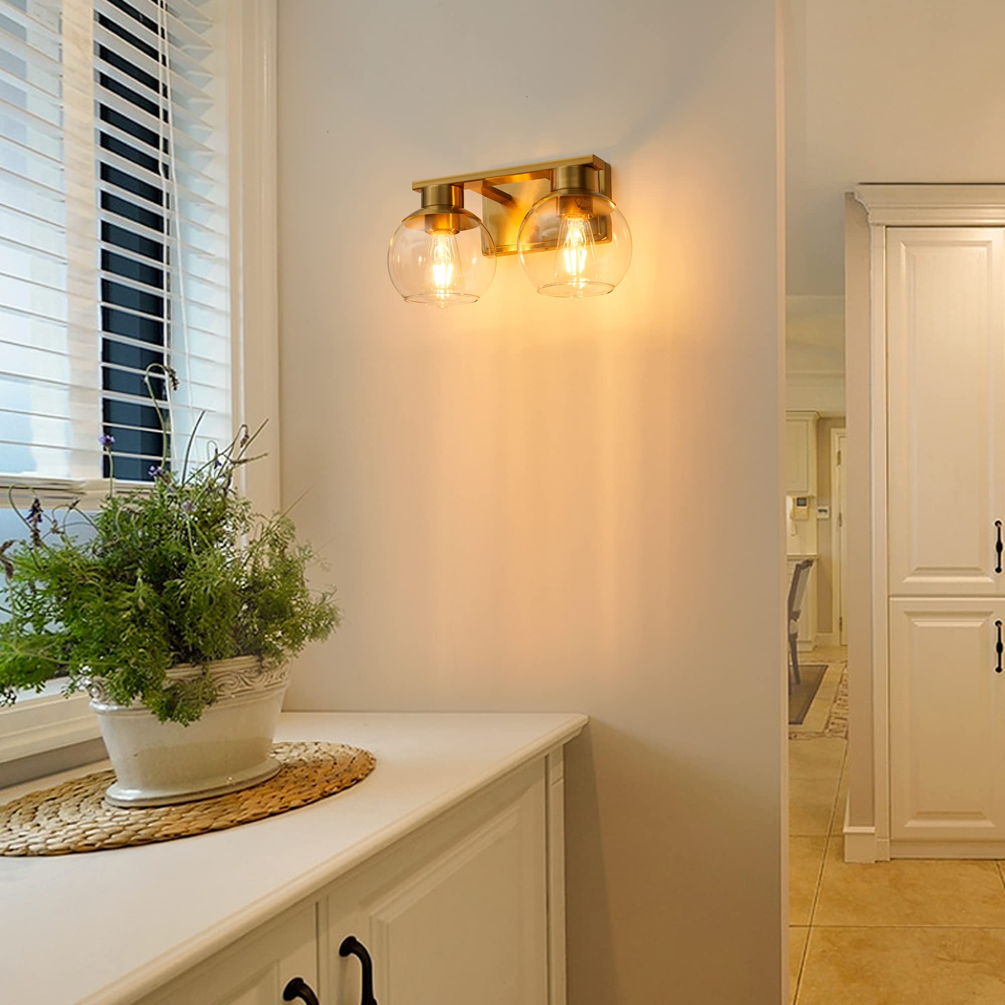 Pazala 2 Light Vanity Lights, Brushed Brass Bathroom Wall Sconce Light With Globe Glass Shade, Bathroom Light Fixture Over Mirro