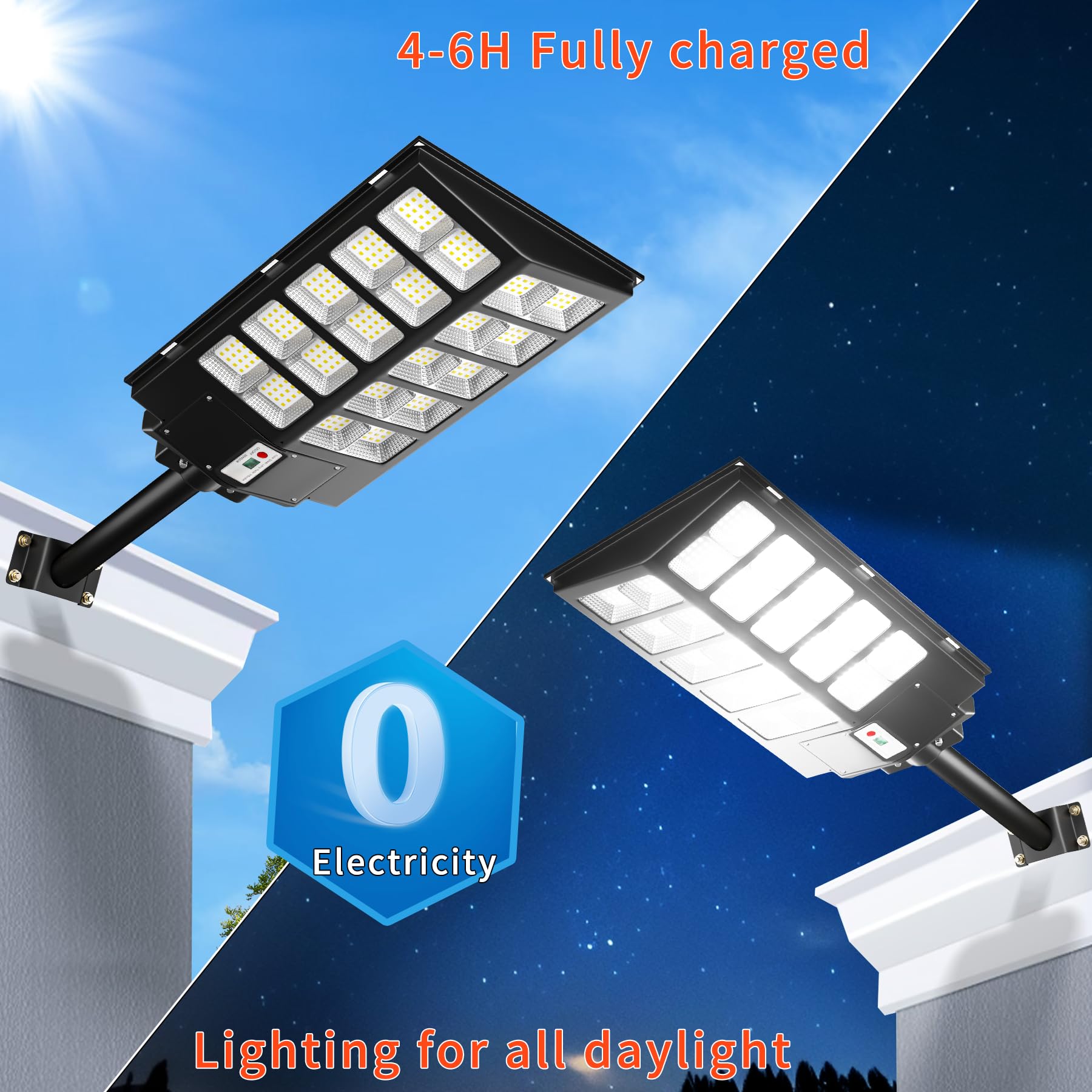 Ofuray Of-6000W Solar Street Lights, 400000Lm, 6500K Waterproof, Remote Control, Black, Dusk to Dawn, Ideal for Streets and Parking Lots