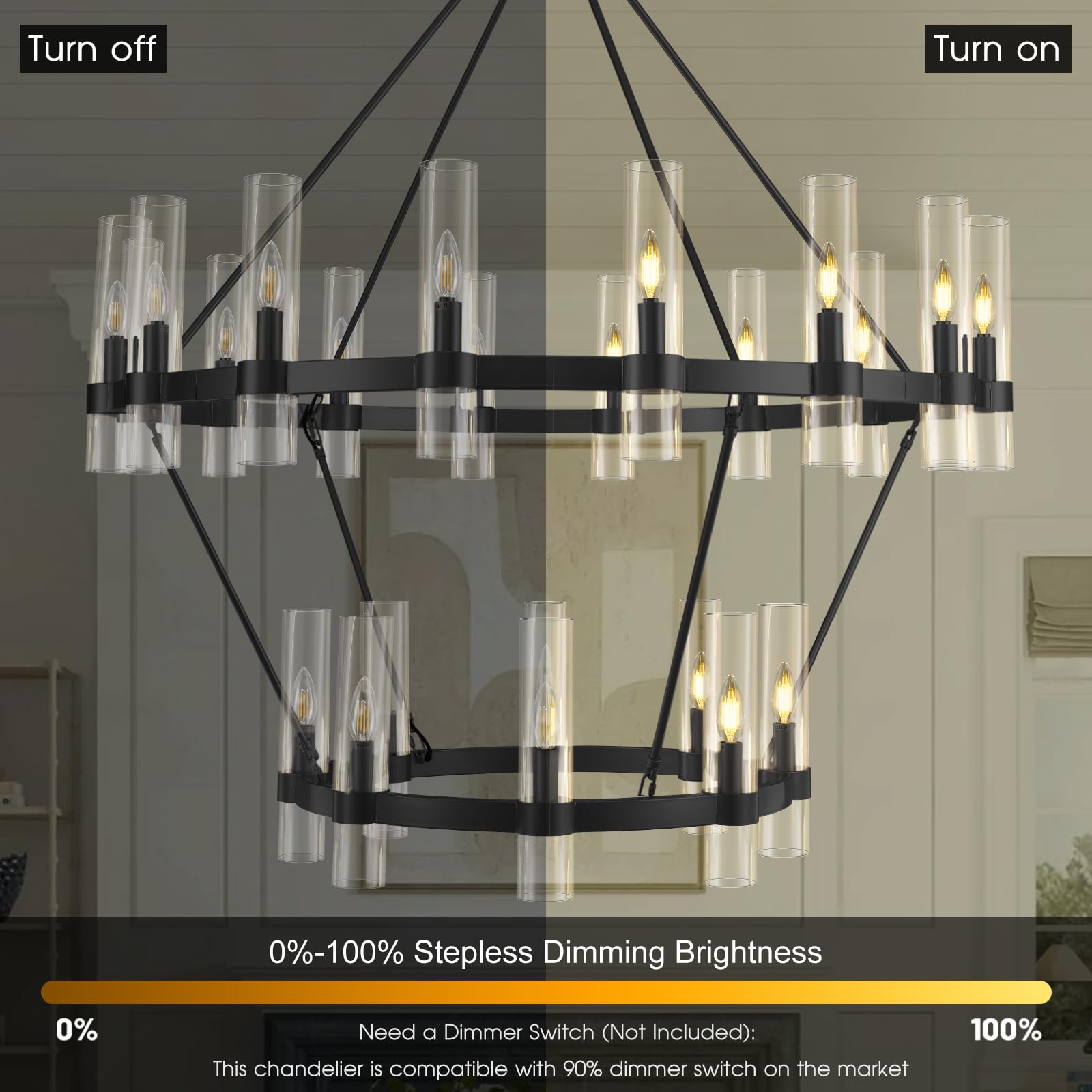 Black Wagon Wheel Chandelier 2 Tier, 48 Inch Chandeliers With Glass Shade, 24-Light Large Chandelier For High Ceiling, Modern Bl