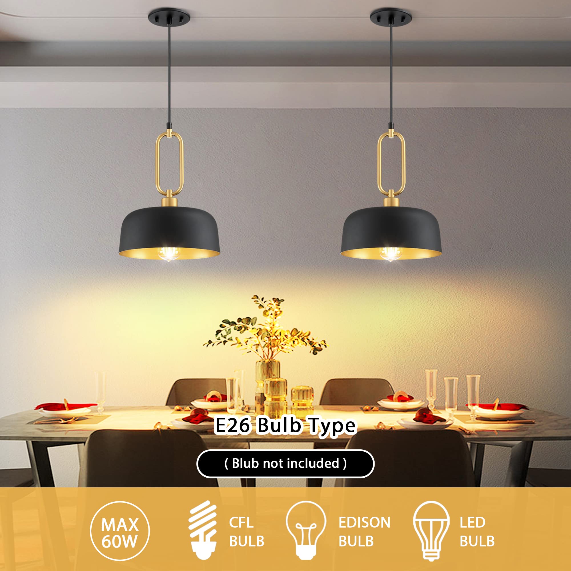 Giiland Industrial Pendant Lighting Fixture, 3-Pack Black Metal Shade Hanging Light For Kitchen Island Dining Room, Adjustable L