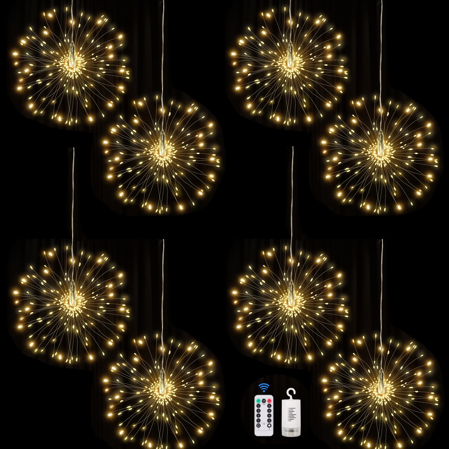 FOOING 8 Pack Firework Lights Led Copper Wire Star String Lights 8 Modes Battery Operated Fairy Lights with Remote,Wedding Decor