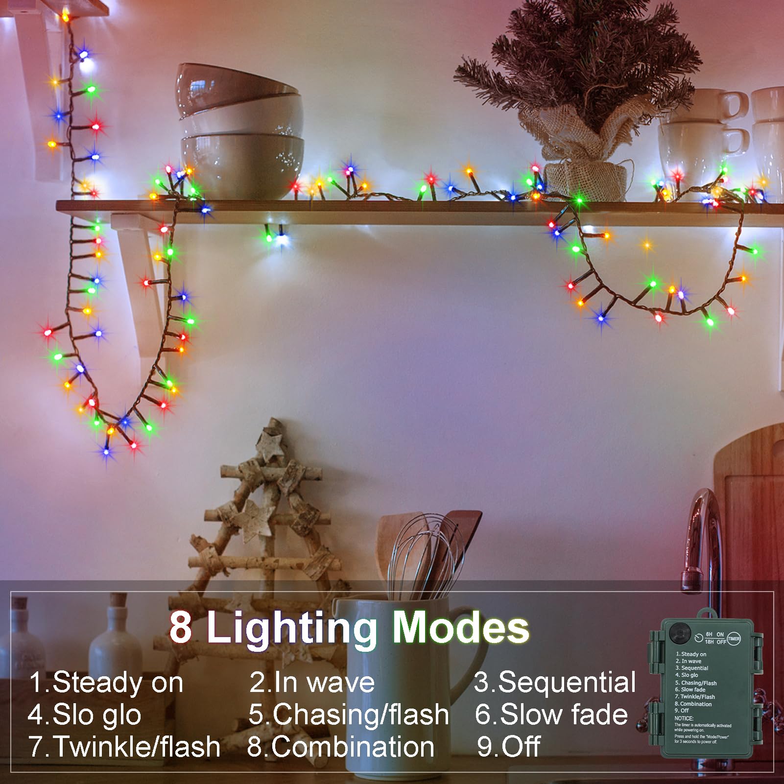 Bsglobal 2 Pack Cluster String Lights Battery, Total 20Ft 400 Led Christmas String Lights With Timer 8 Modes Firecracker Twinkle Lights Waterproof For Outdoor Tree Xmas Decor (Multicolor)