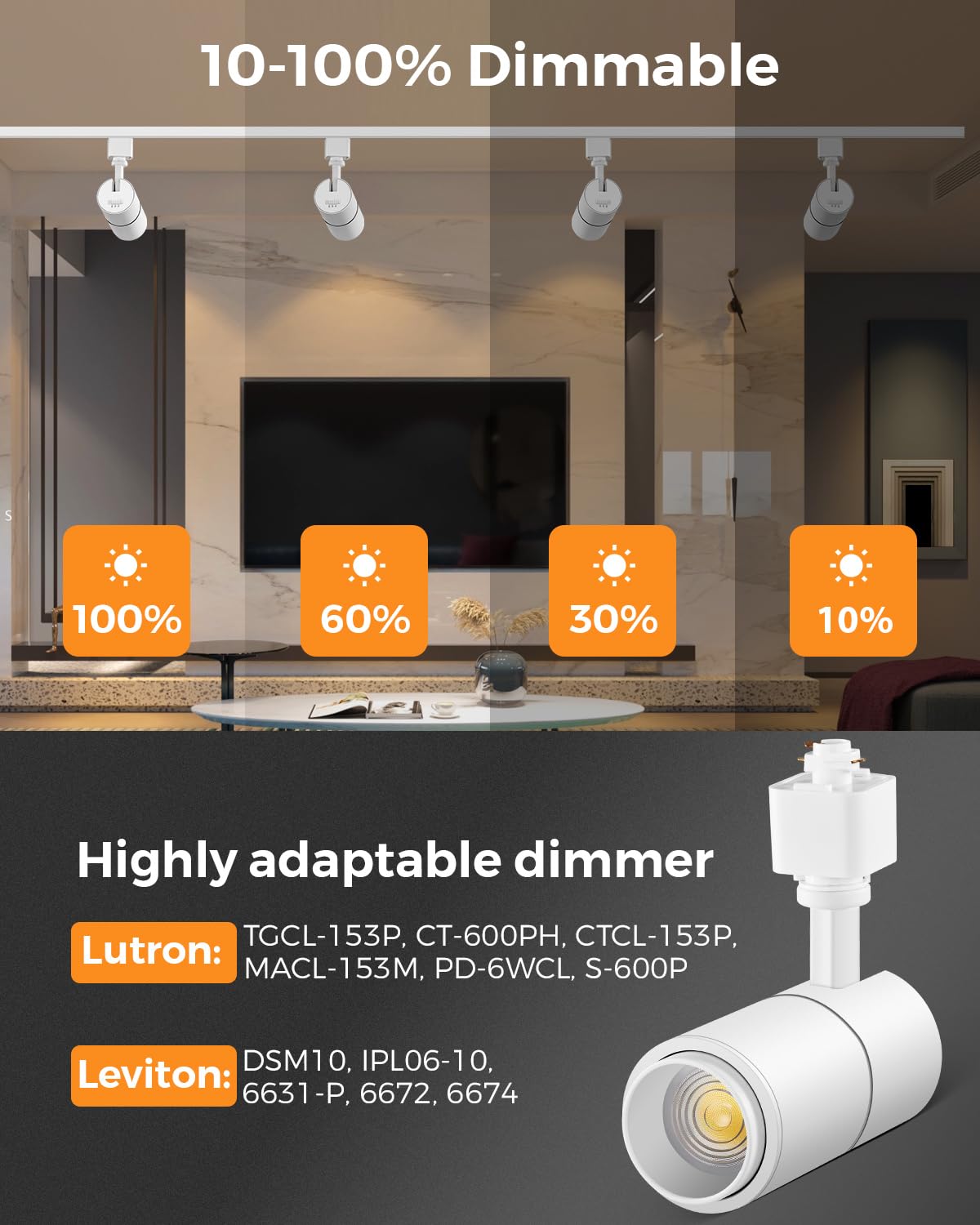 Vanoopee 10W Led Track Lighting Heads, Dimmable 3-Color Adjustable Spotlight, 4 Pack, White