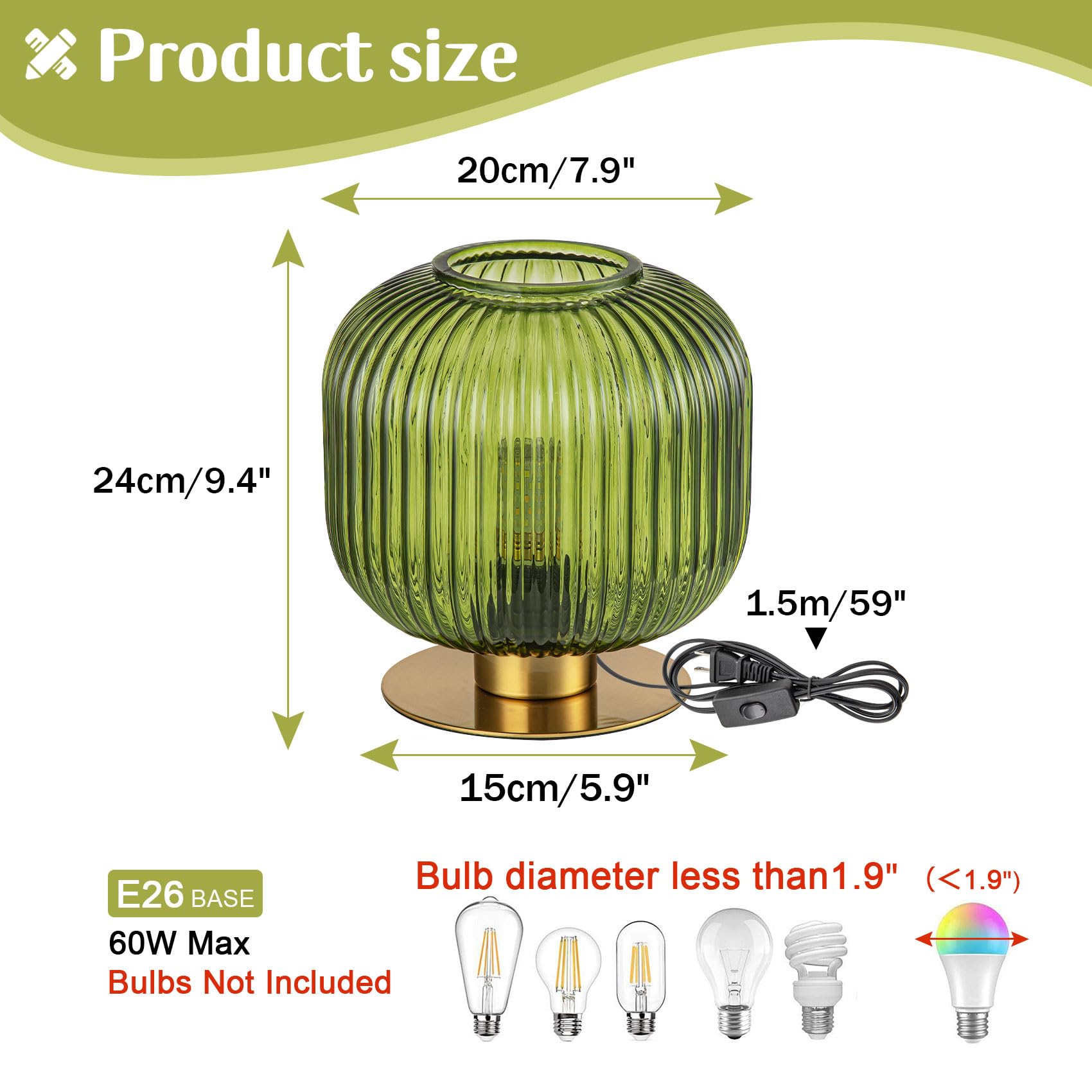 Soutas Small Table Lamp, Elegant Green Glass with Ribbed Shade, Decorative Bedside Lighting, Model QA1193