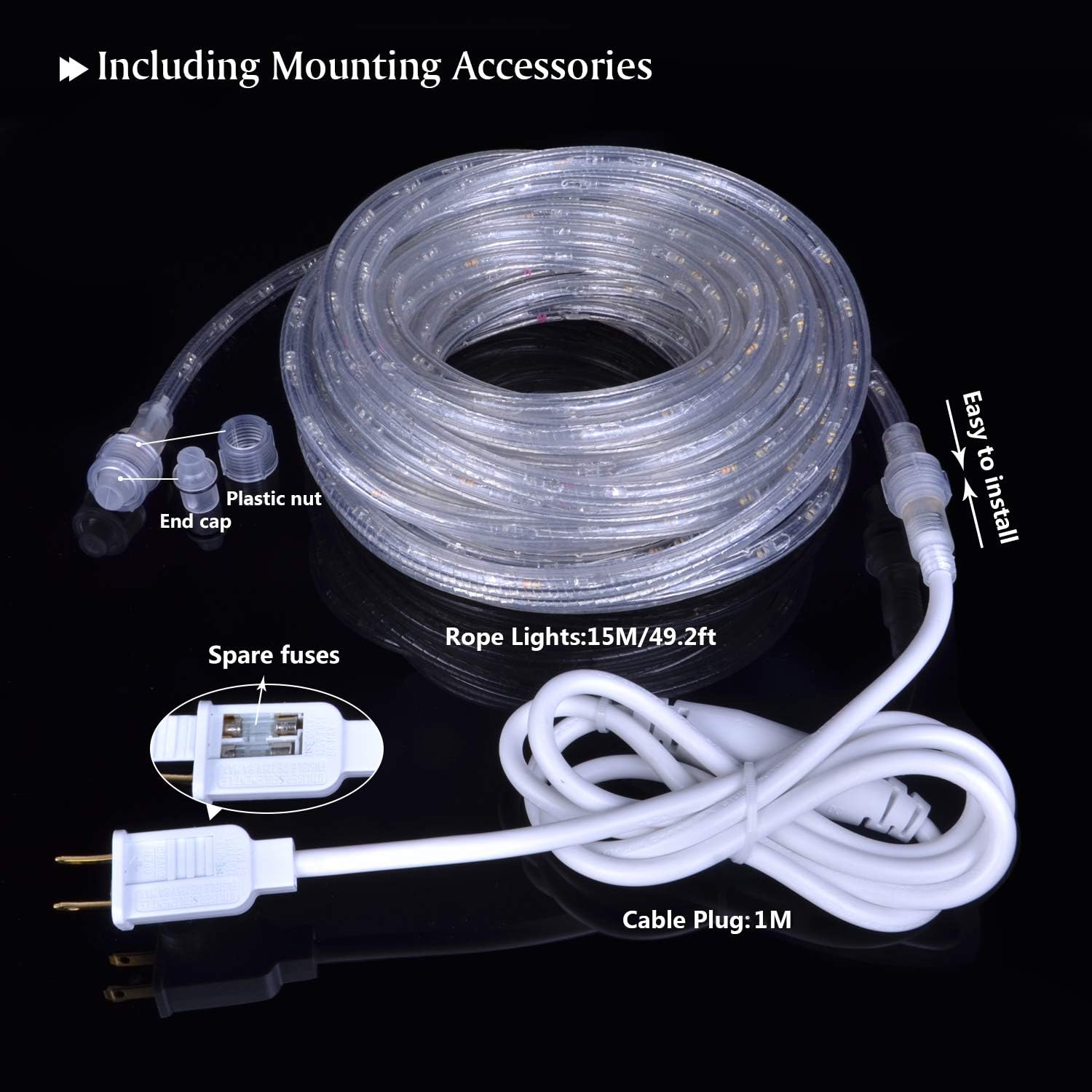 Ollrieu 50Ft 360 Led Rope Lights, 110V Daylight White 6000K, Waterproof Classic Clear Rope, Indoor/Outdoor, Patio, Flexible, Linkable, Durable