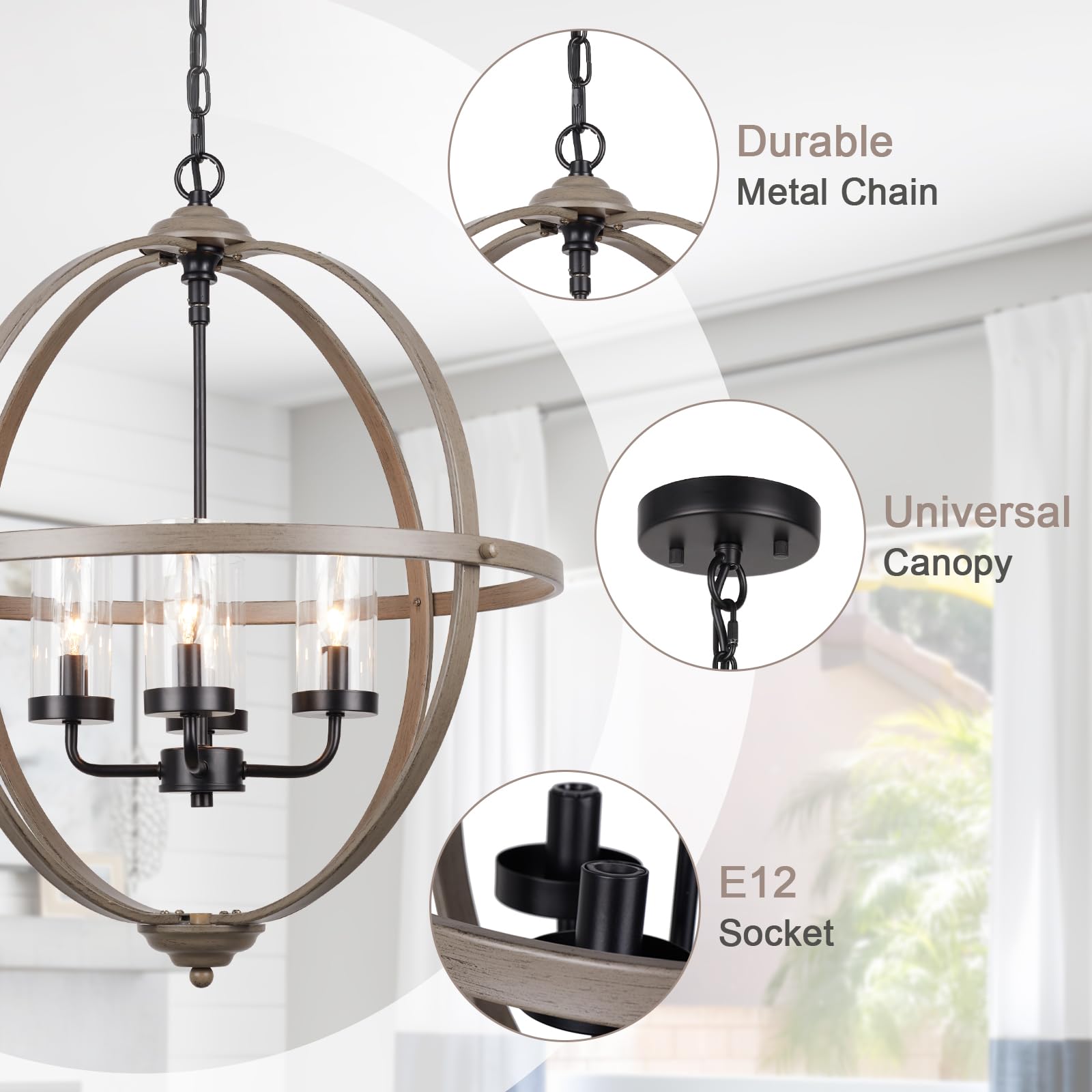 Treekee Farmhouse Chandelier, 4-Light Iron Globe Sphere, 17in Wood Finish for Dining Room, Entryway, Kitchen Island