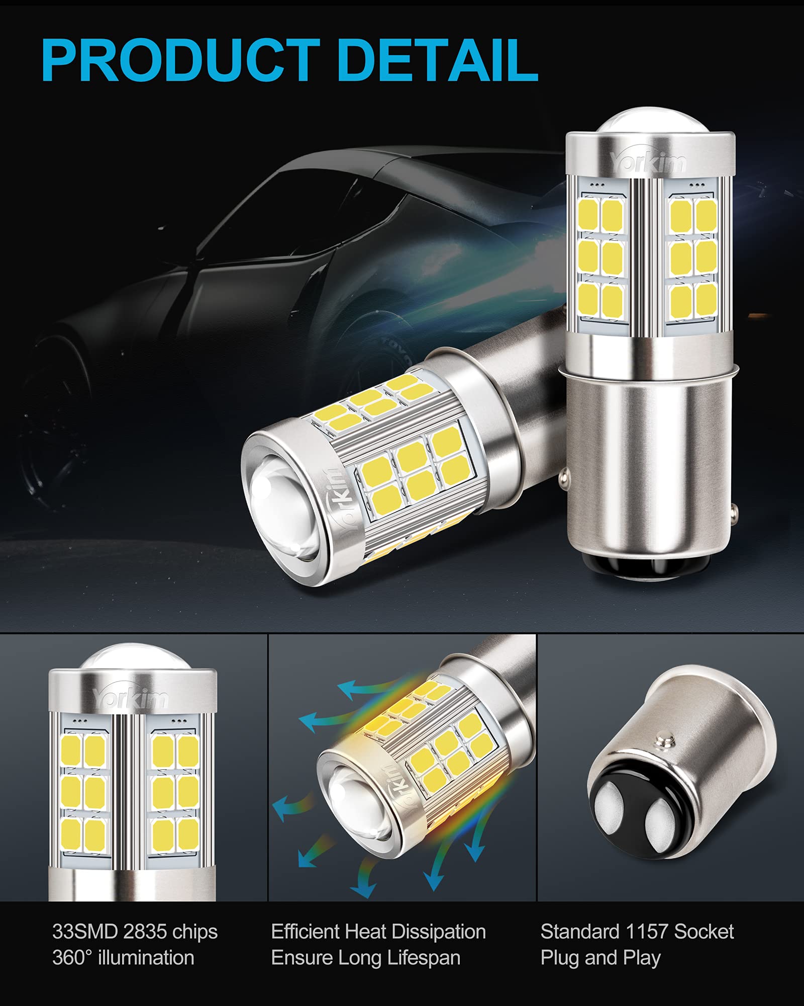 Yorkim 1157 Led Bulb, Super Bright 2357 Led Bulb 2057 7528 Bay15D Replacement For Led Reverse Blinker Brake Tail Lights, 6000K X