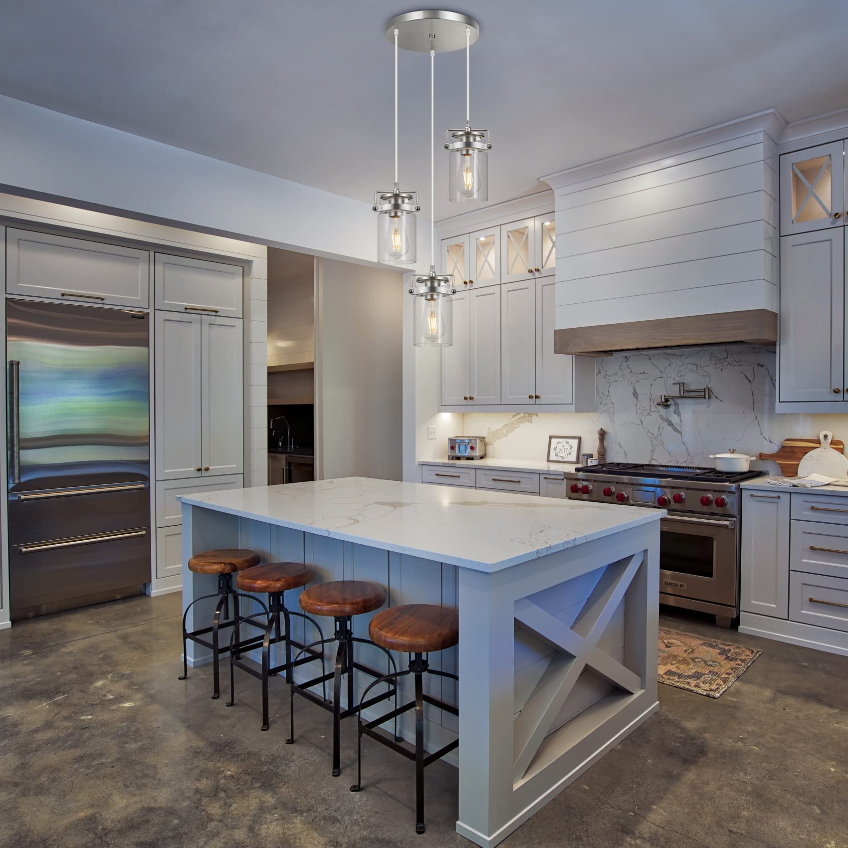 Pendant Lighting For Kitchen Island  Modern Glass Pendant Light Linear Chandelier For Dining Room Industrial 3 Light Hanging Light Fixture Adjustable Cord Farmhouse Ceiling Light Brushed Nickel Finish