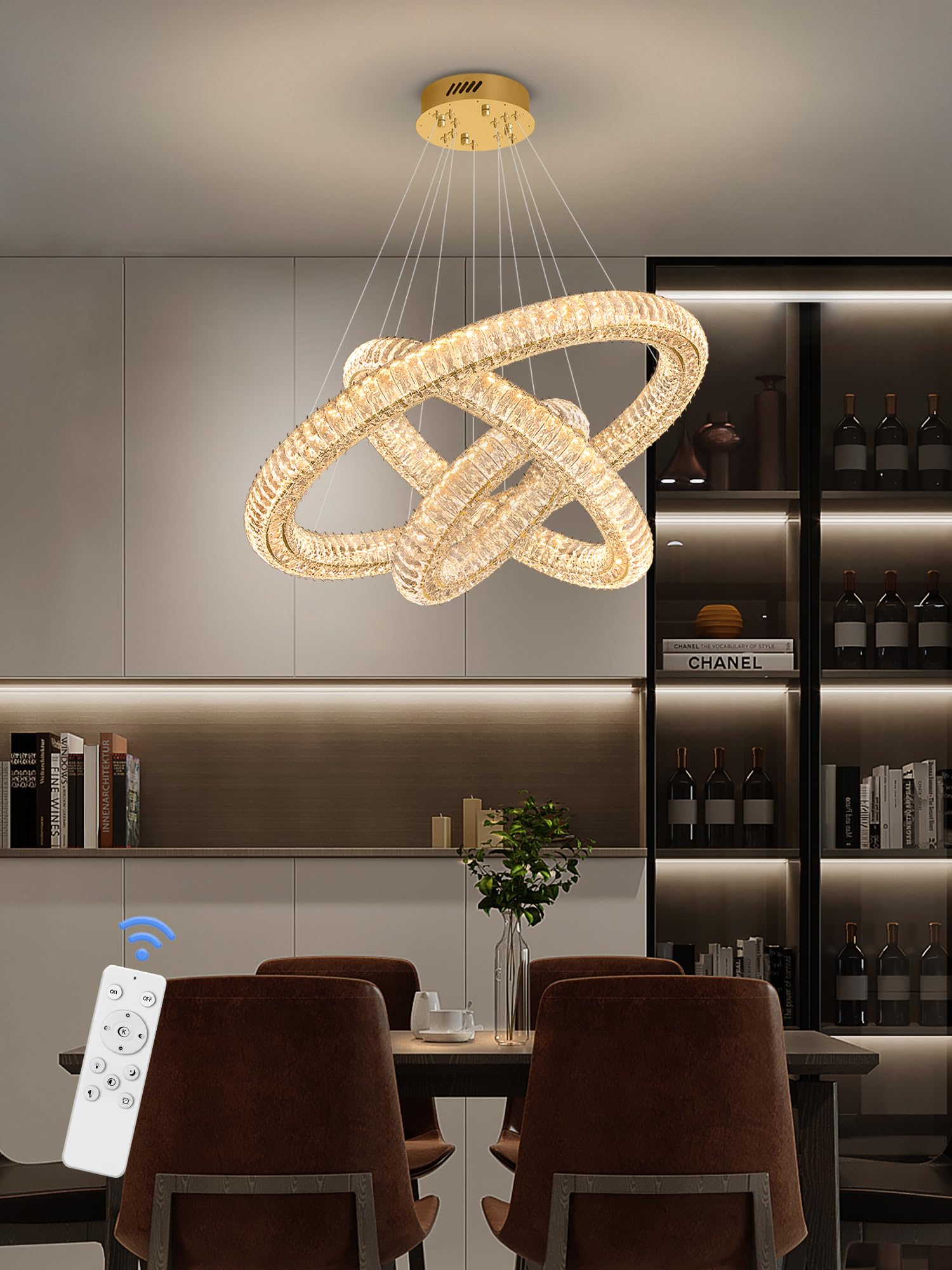 Idequy Gold 3 Rings Crystal Chandeliers For Dining Room Foyer High Ceiling 120'' Long Staircase Hanging Pendant Light D16+D24+D3