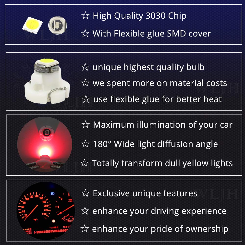 Wljh 10X Red T3 Neo Wedge 3030 Smd Chipest 8Mm Base Car Instrument Cluster Led Bulb Dashboard Gauge Hvac Ac Heater Climate Contr