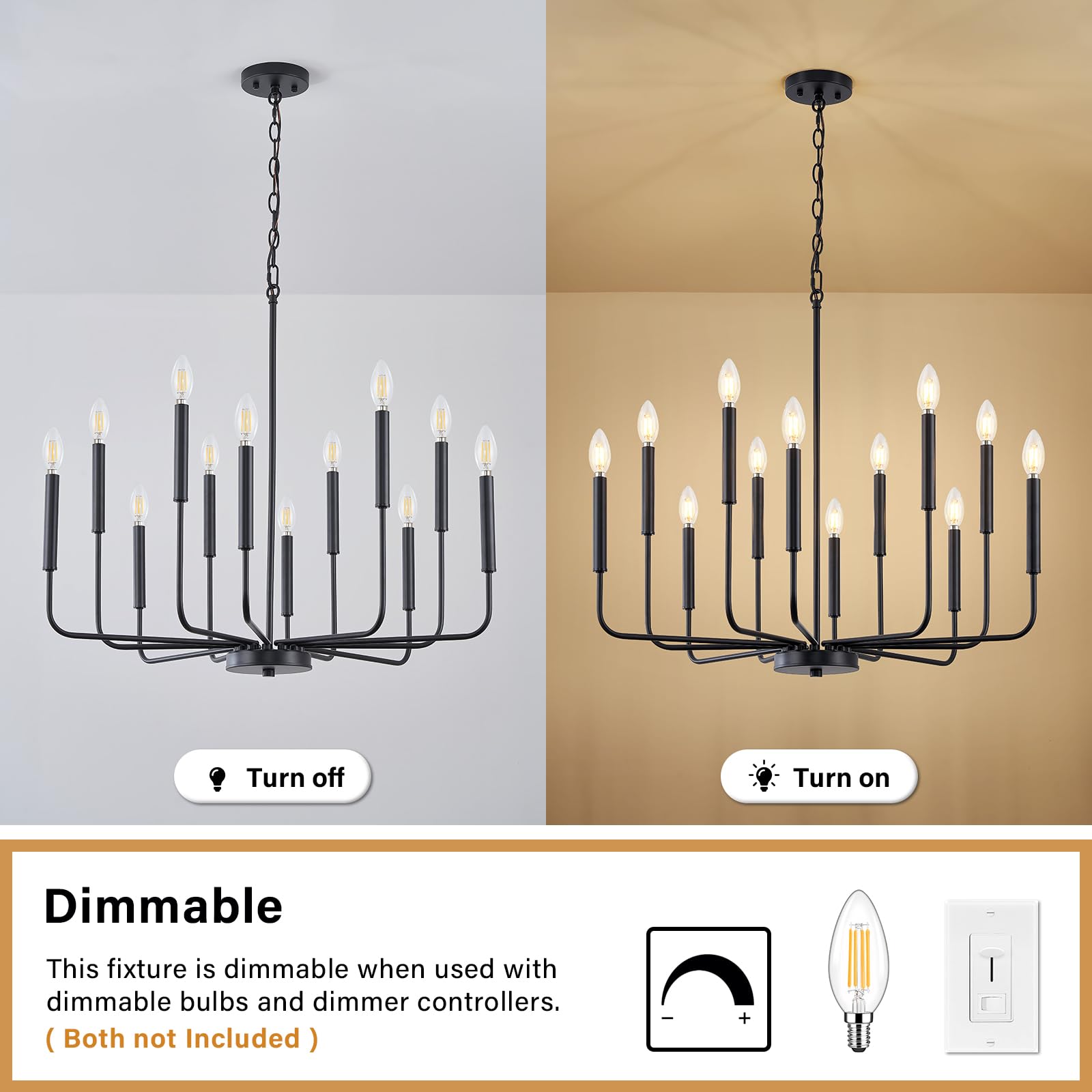 Zuyurt 12-Light Black Chandelier Light Fixture, Modern Farmhouse Chandelier For Dining Room Hanging Lighting, Metal Candle Chandelier With Chain For Living Room, Kitchen, Entryway, Foyer, Stairs