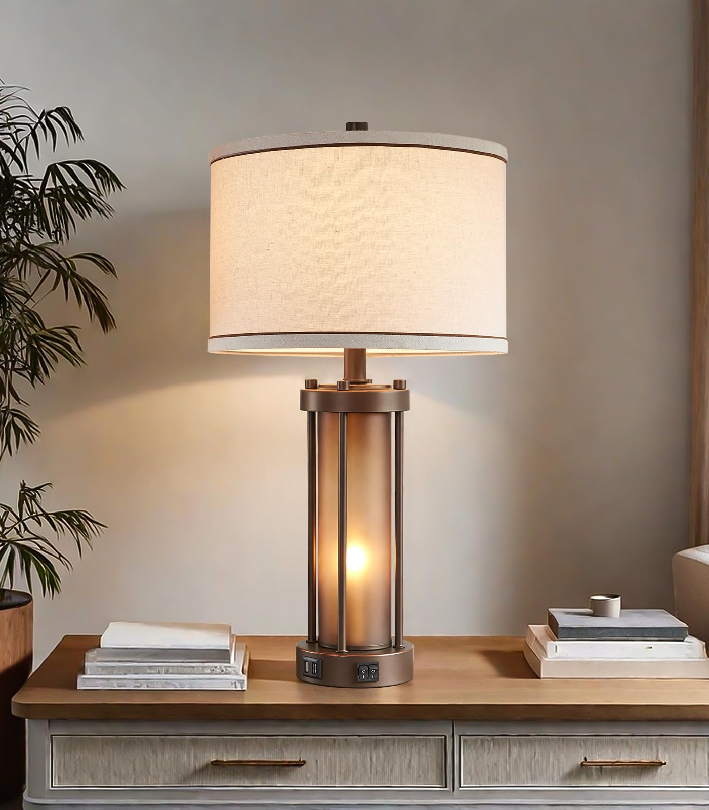 Farmhouse Table Lamps For Living Room With 2 Usb Charging Ports, Vintage Rustic Nightstand Lamp With Amber Glass Nightlight, Ret