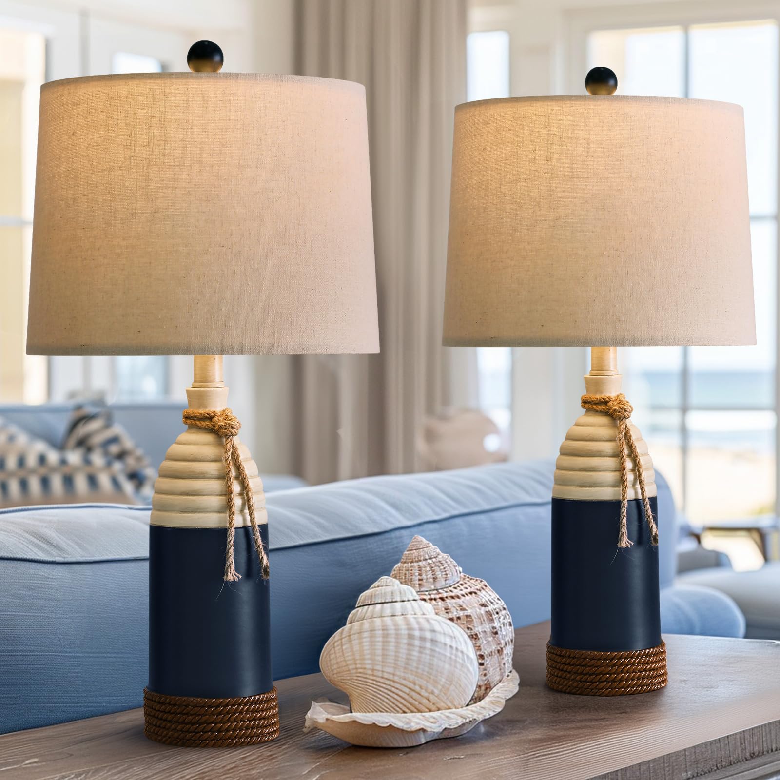 Oyears Set Of 2 Navy Blue Resin Table Lamps - Coastal Nautical Nightstand Lighting