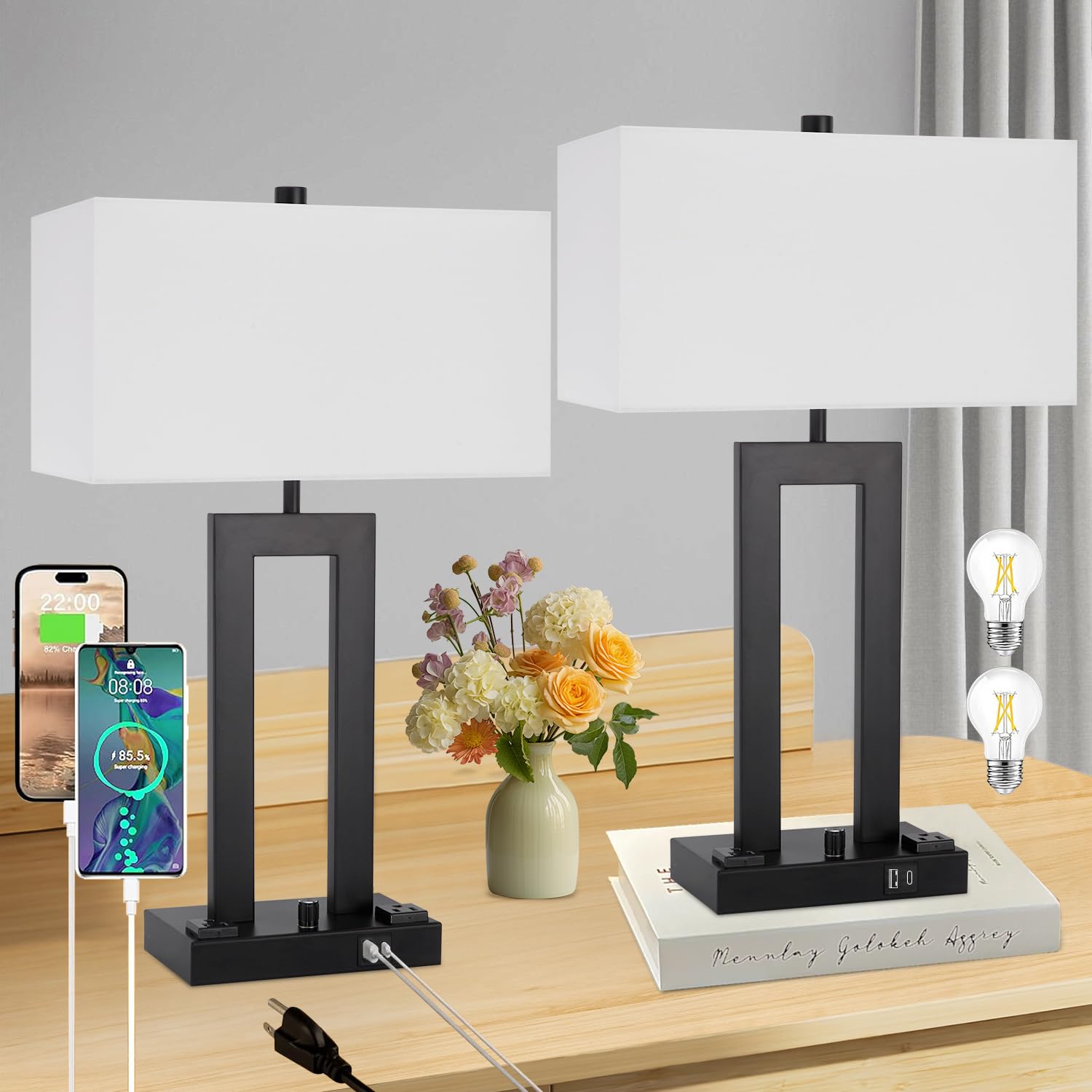 Vikdio Modern Table Lamps Set Of 2-22'' Tall Bedside Lamps With Usb-C/Usb-A Charge Ports & Outlet, Stepless Dimmable Fabric Gray