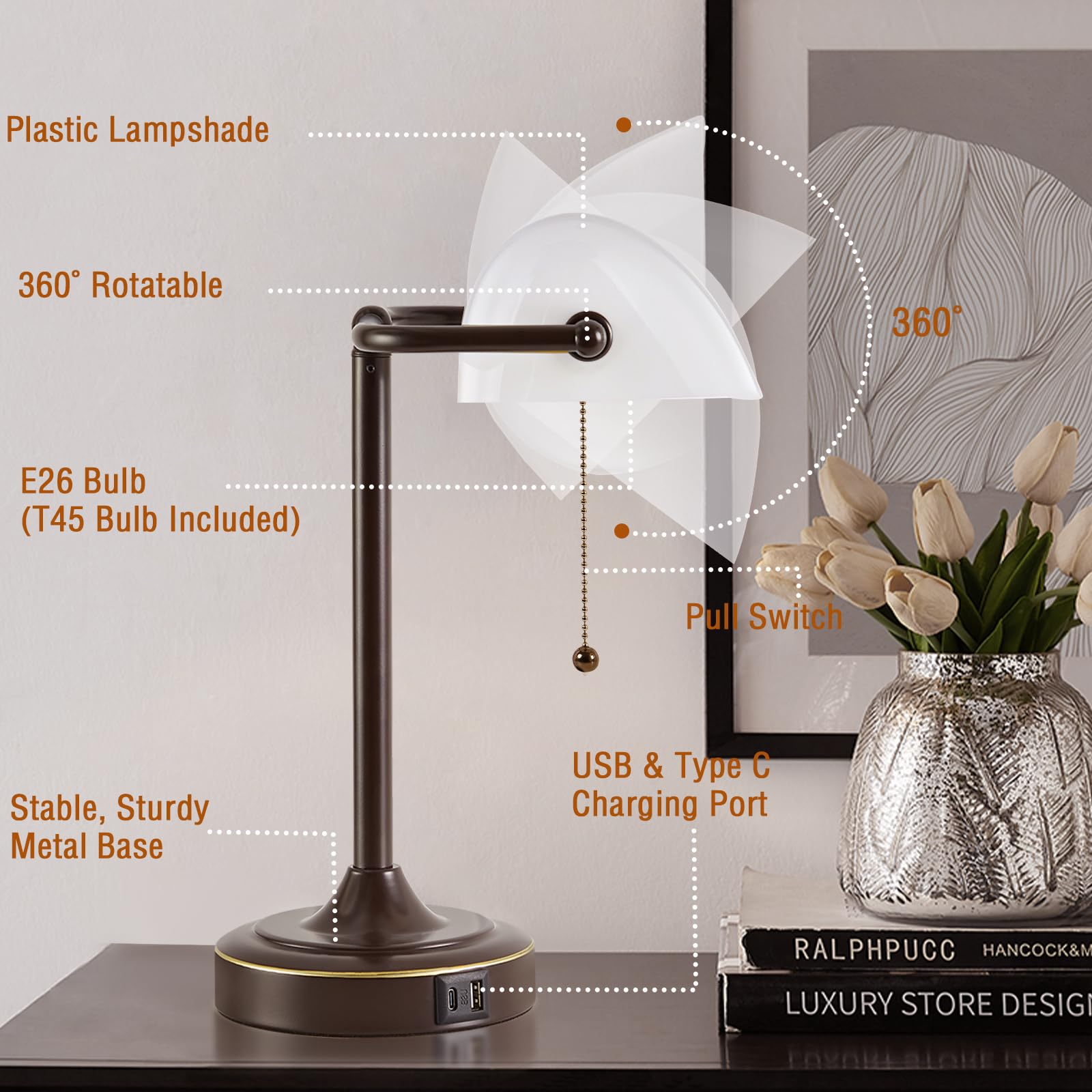 Vintage Desk Lamp Bankers Lamp - Brown Retro Table Lamp With Usb & Type C Charging Ports Traditional Pull Chain Switch Library L