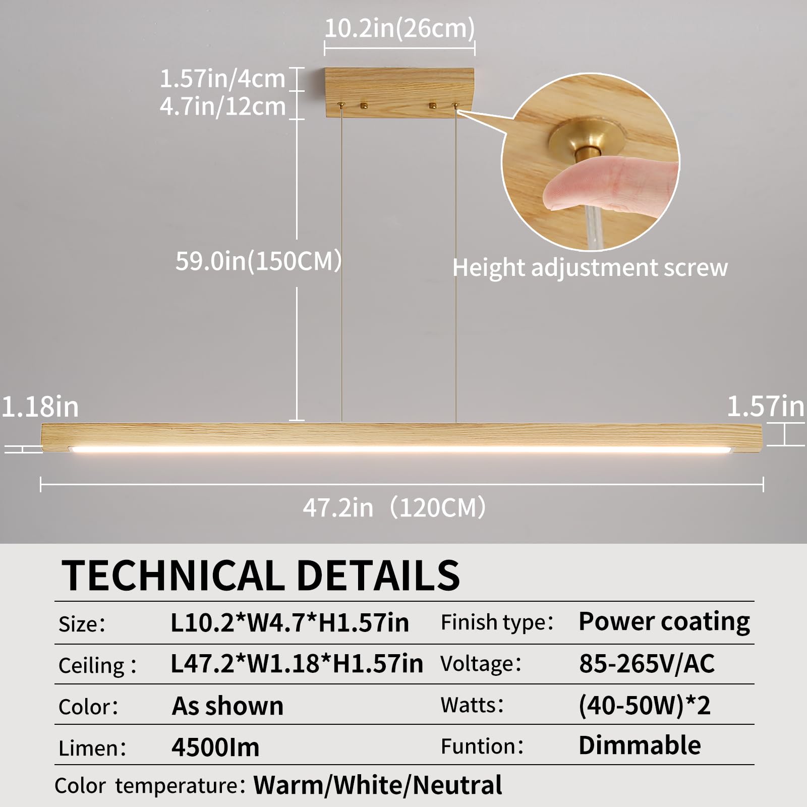 Wooden Linear Pendant Light, 47'' Modern Chandeliers For Dining Room, Dimmable Pool Table Island Lights For Kitchen, Led Ceiling