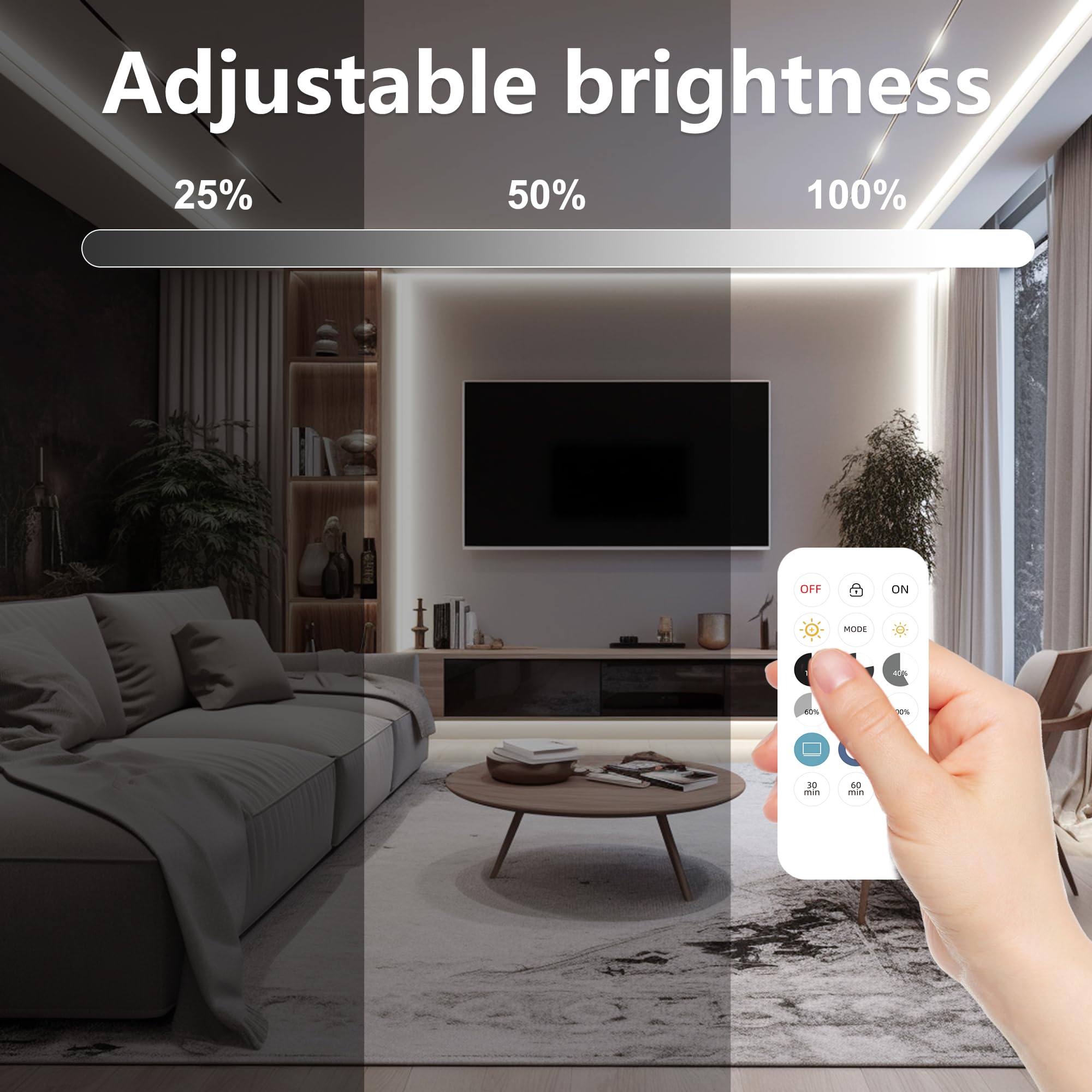 Auziwe Cob Led Strip Light 6000K  24Ft Dimmable White Led Strip Light  Cri92+  Dc24V Tape Light With Rf Remote  Timer Function  Bluetooth App Control For Home Bedroom Kitchen Diy Lighting.