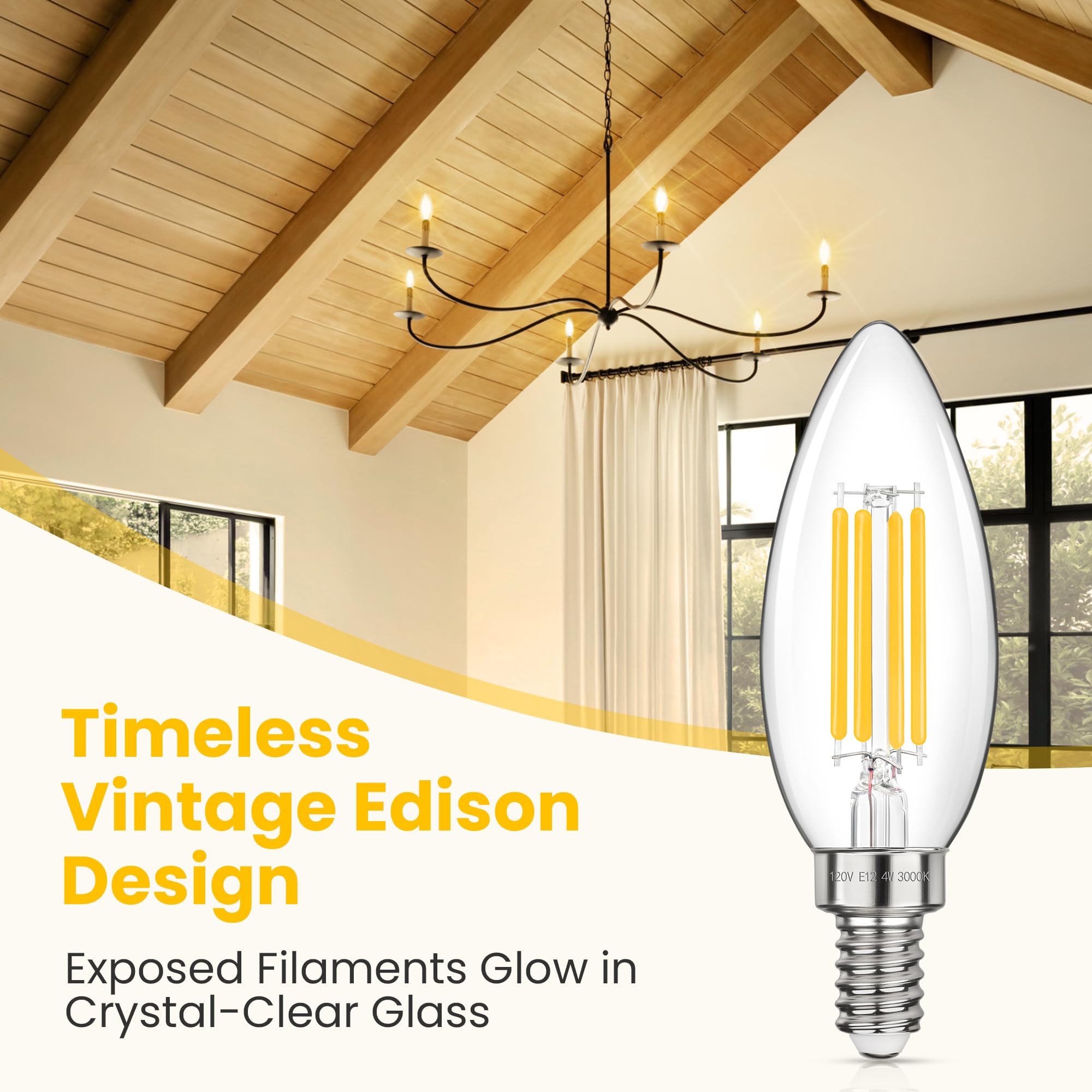 GGOYING LED Chandelier Light Bulbs, 4W B11 Filament, E12 Base, Soft White 3000K, Clear Glass, 5 Pack
