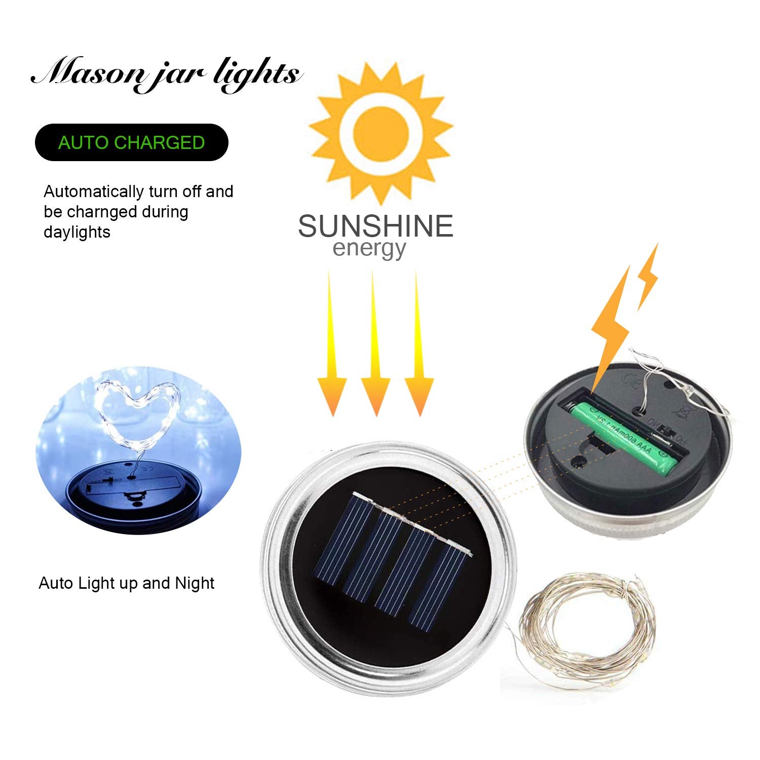 Vookry 6 Pack Solar Mason Jar Lights, 30 Led Mason Jar Lids Waterproof Firefly Fairy String Lights With 6 Hangers(No Jars), For