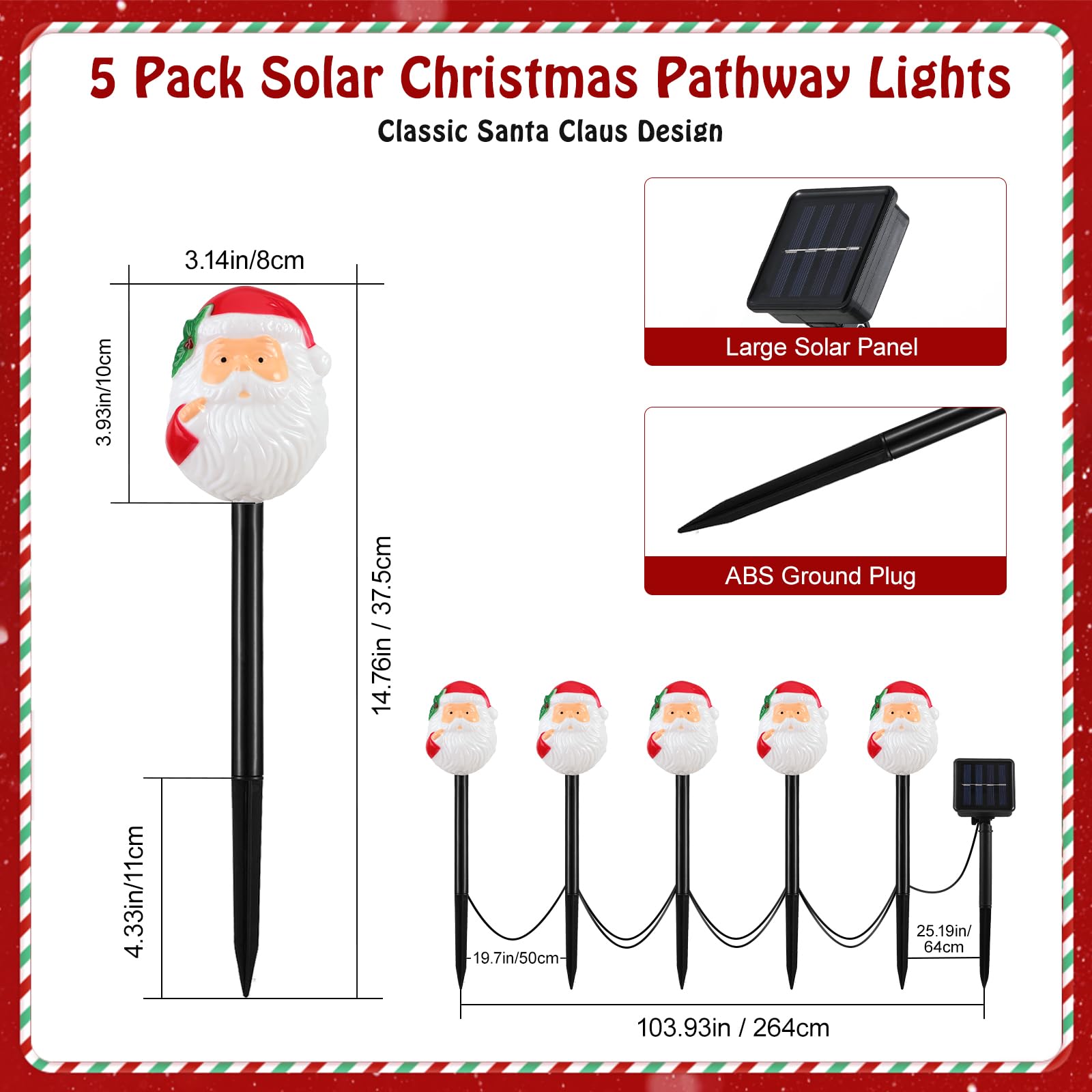 Lewondr Solar Christmas Pathway Lights, 5 Pack, Warm Light, Waterproof Santa Claus Decorations, Model HD250150