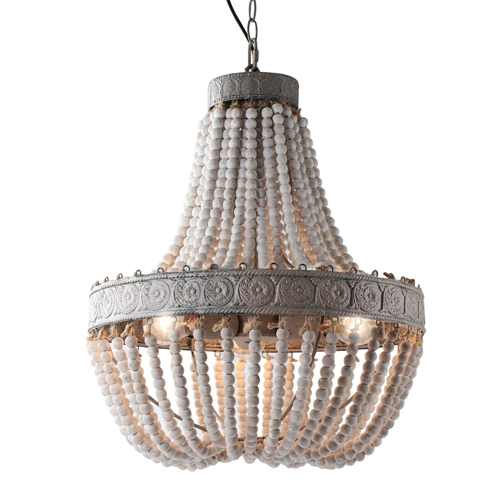 Newrays Wood Beaded Chandelier Pendant, 3 Lights, Gray White Finish, 18.52x21.3 in, Retro Vintage Rustic Kitchen Ceiling Lamp