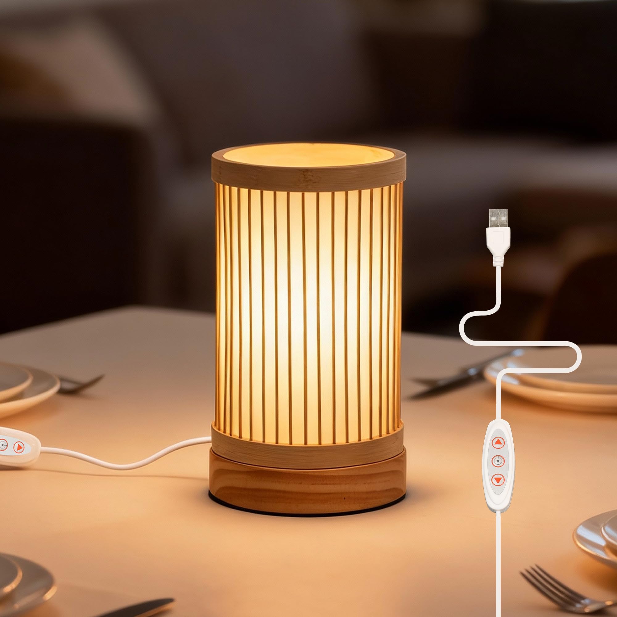 LUSHARBOR Bamboo Table Lamp, Small Boho Rattan Lamp Decorative with Dimmable Light, Woven Bedside Lamp for Bedroom, Cozy Nightst