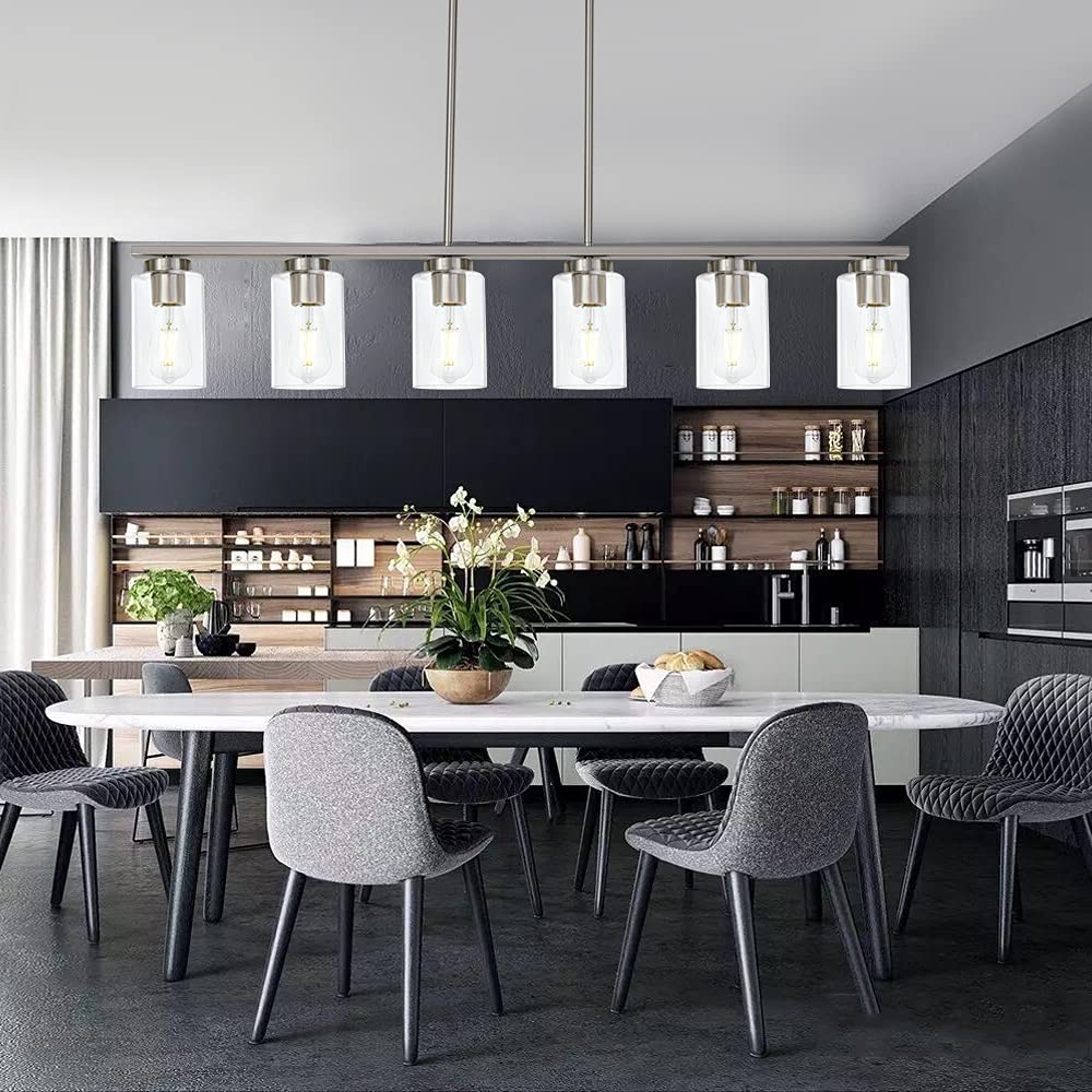 TODOLUZ 6-Light Pendant Light Fixture, Modern Brushed Nickel with Clear Glass Shades for Kitchen Island or Dining Room