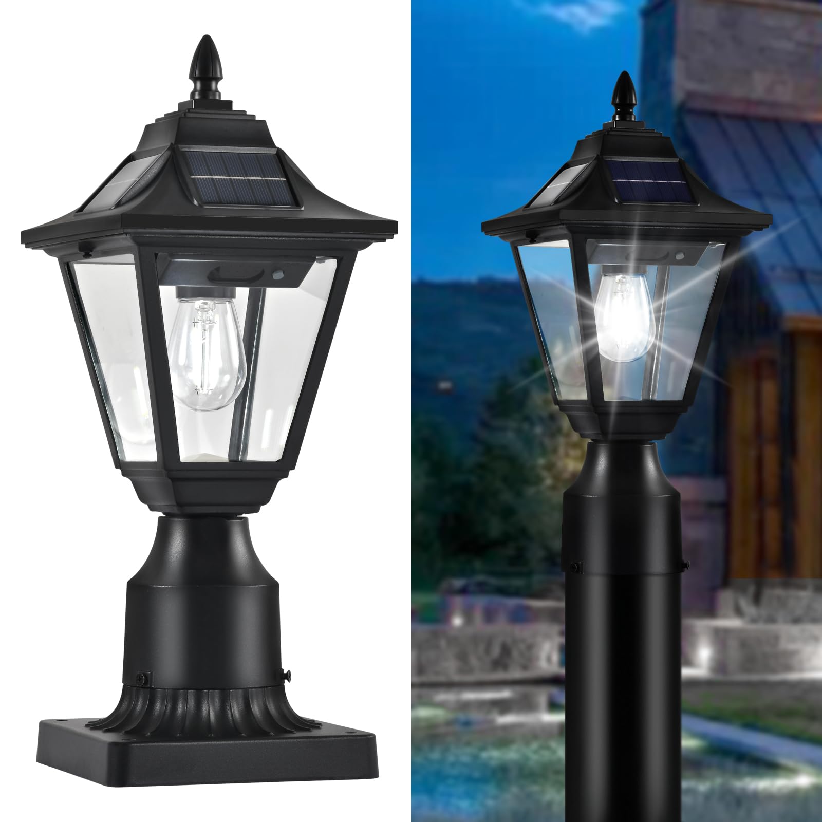 DARIISI Solar Post Light, 6000K Motion Sensor Solar Lamp Post Lights with Pier Mount Base, Outdoor Waterproof Post Lantern for Y