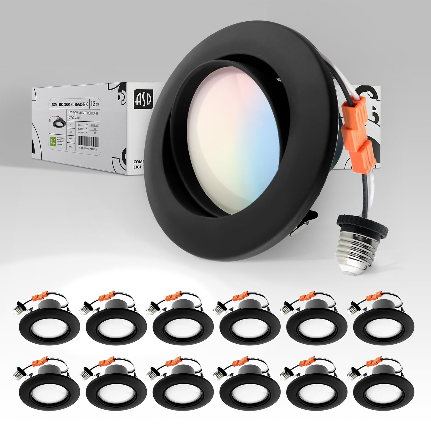 ASD 4 Inch Gimbal LED Recessed Light, Black Trim, 10W, 860LM, Dimmable, Adjustable, Aluminum, 12 Pack, Model A-LRKGB