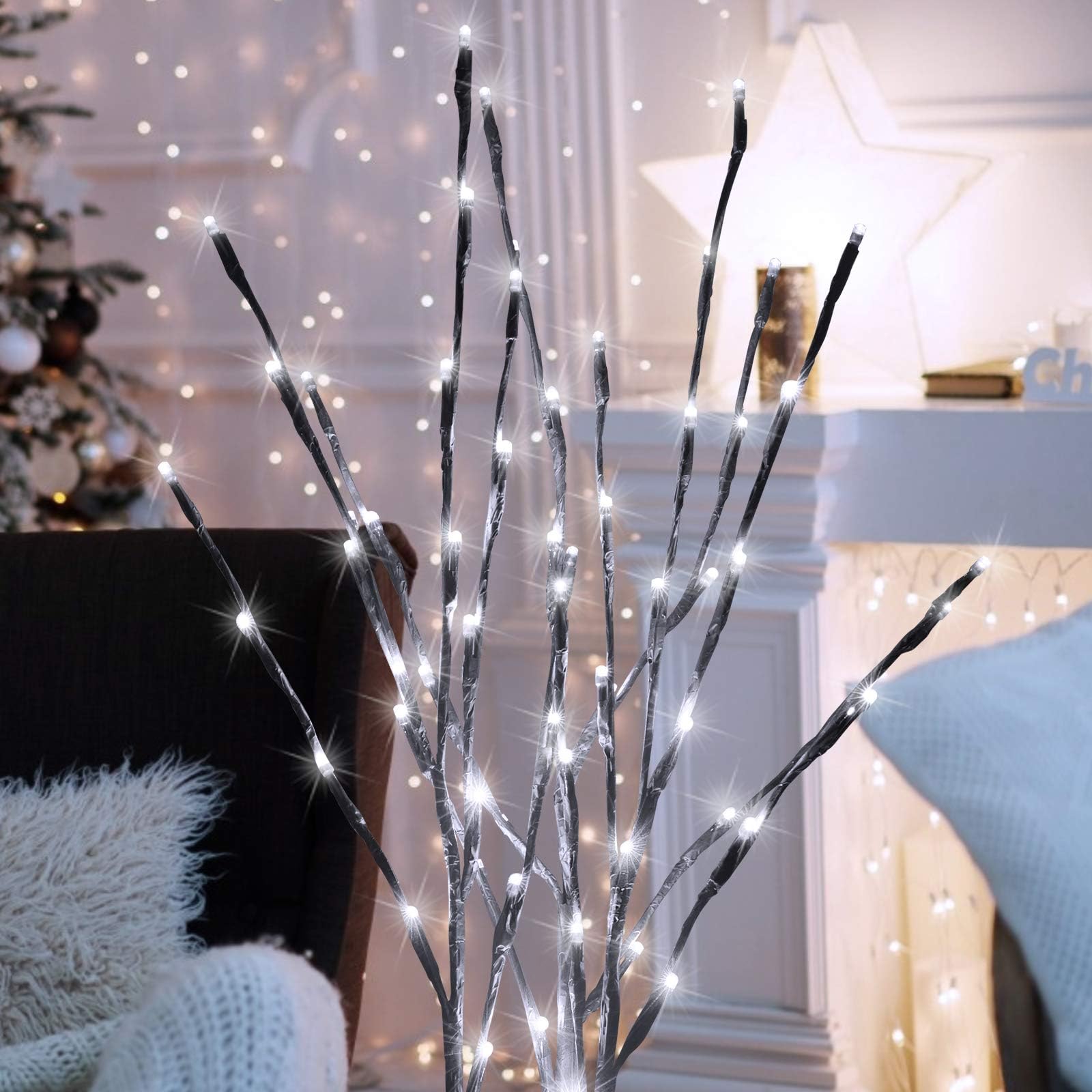 Minetom Lighted Branches for Vases - 24-Inch 60 LED White Twig Lights, 3 Pack, Bendable for Indoor/Outdoor Christmas Decoration