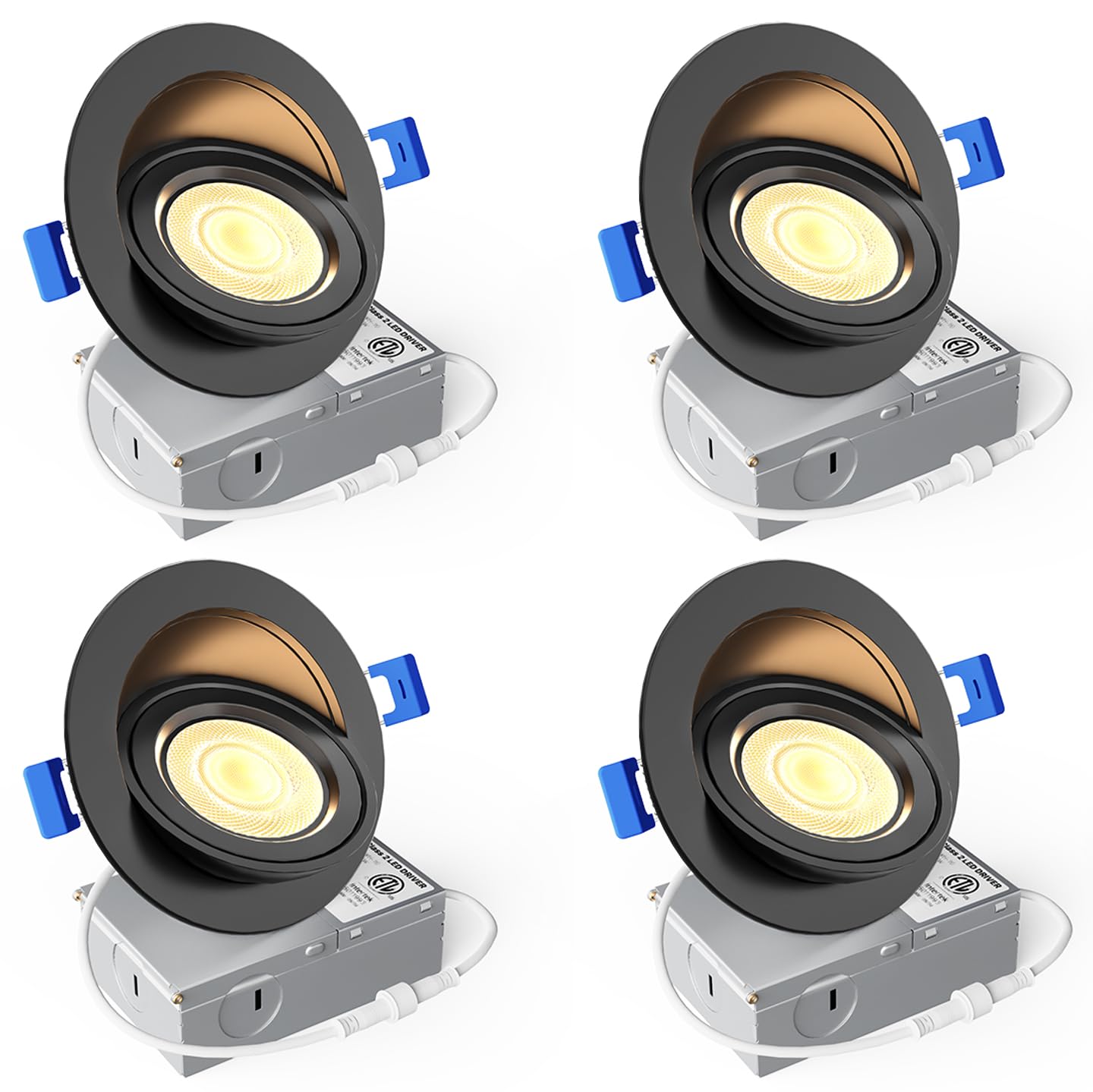 Ensenior 4 Pack 4 inch 5CCT LED Gimbal Led Recessed Light with Junction Box  360+90 Adjustable Directional Lighting  Dimmable  CRI90+  2700K/3000K/3500K/4000K/5000K  900LM  10W=85W-ETL&FCC  Black