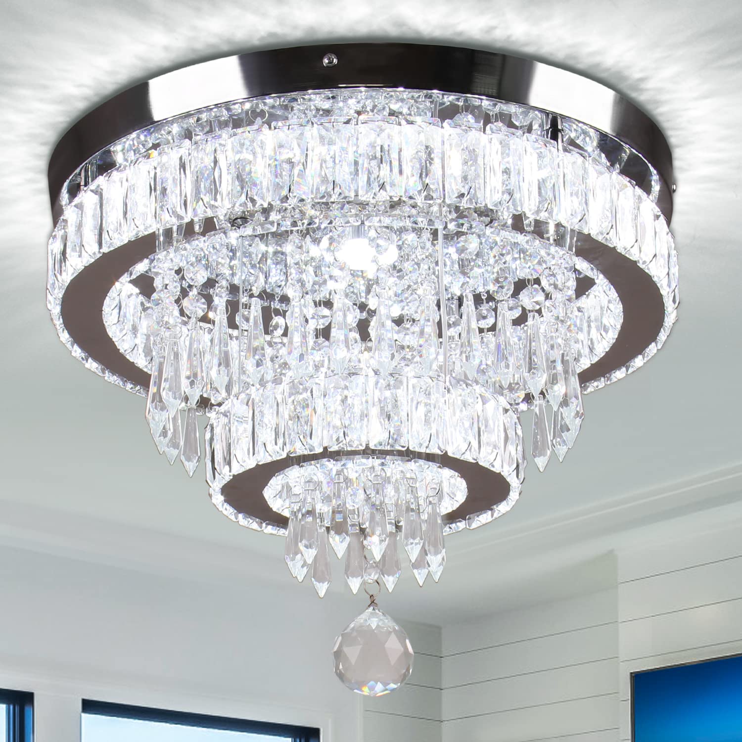Finktonglan 16&quot; Crystal Chandelier, Led Semi Flush Mount Ceiling Light For Bedrooms & Dining Room