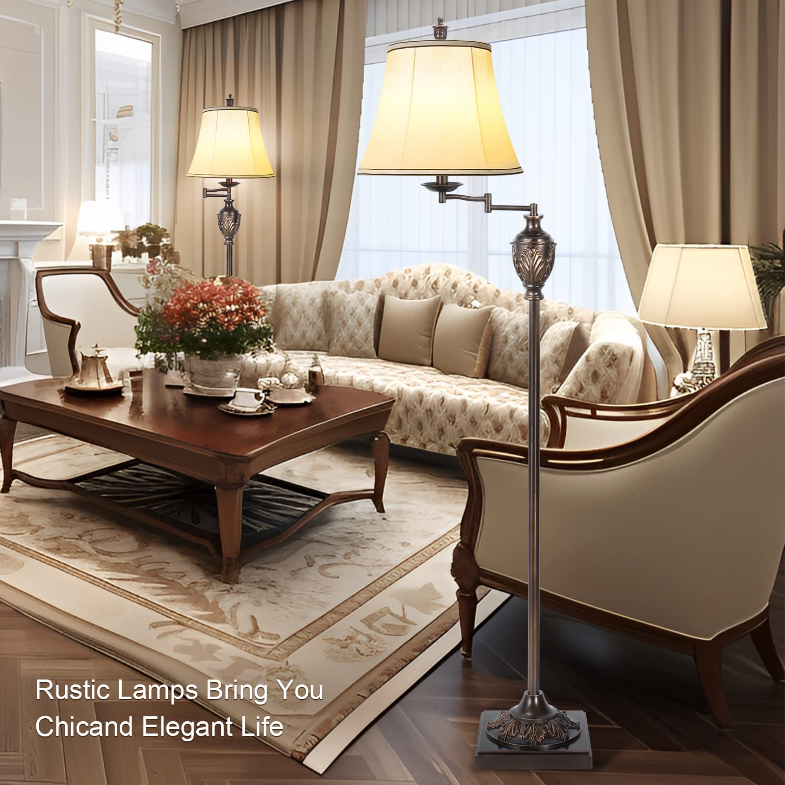 AIDENOEY Traditional LED Floor Lamp with Adjustable Swing Arm, Brown, Model HYFLOOR002, Faux Silk Shade, Ideal for Living Room and Office