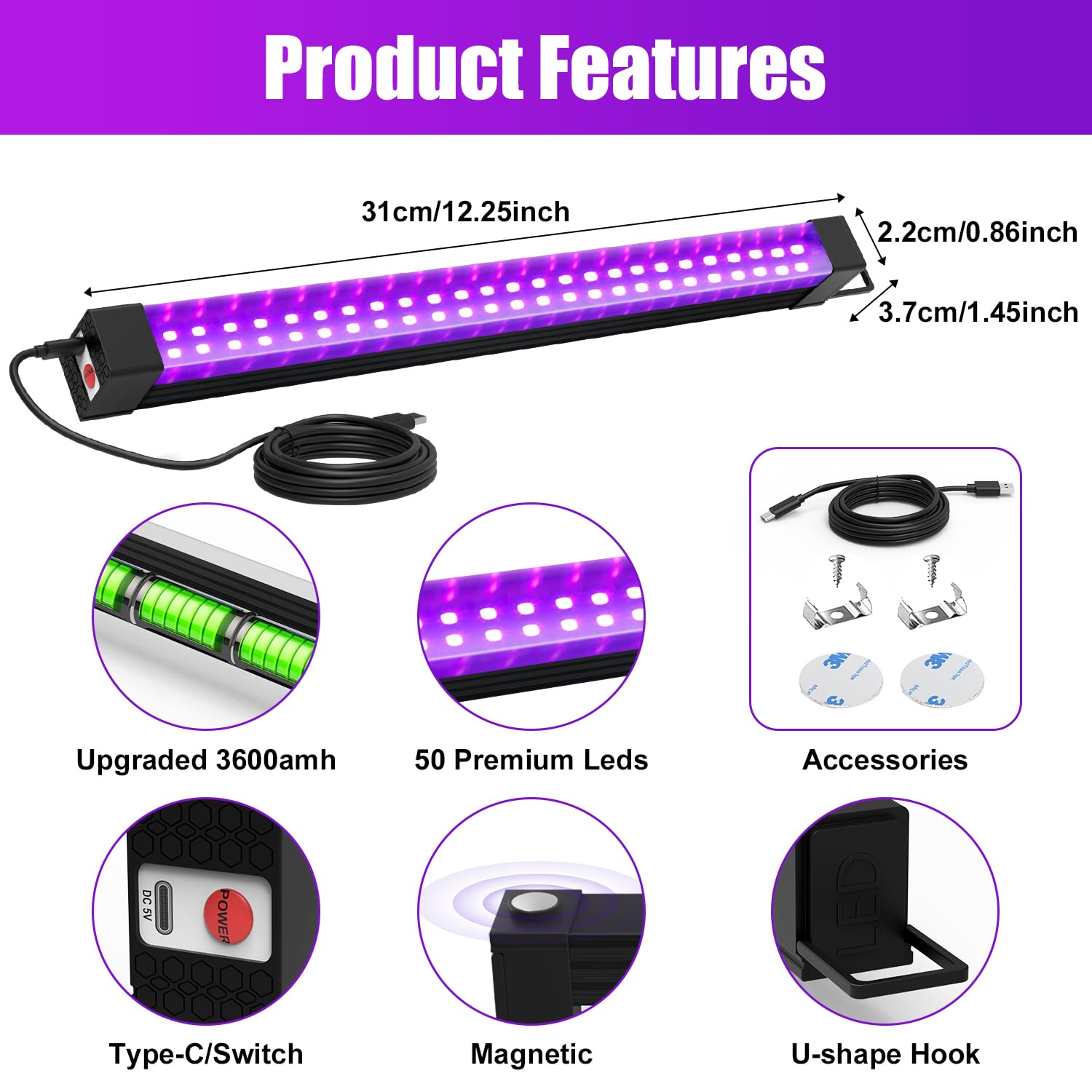 Sayitwill Rechargeable Black Light Bar 2 Pack, Cordless UV Strip Lights, Aluminum, Model CXH-WL-A-10W