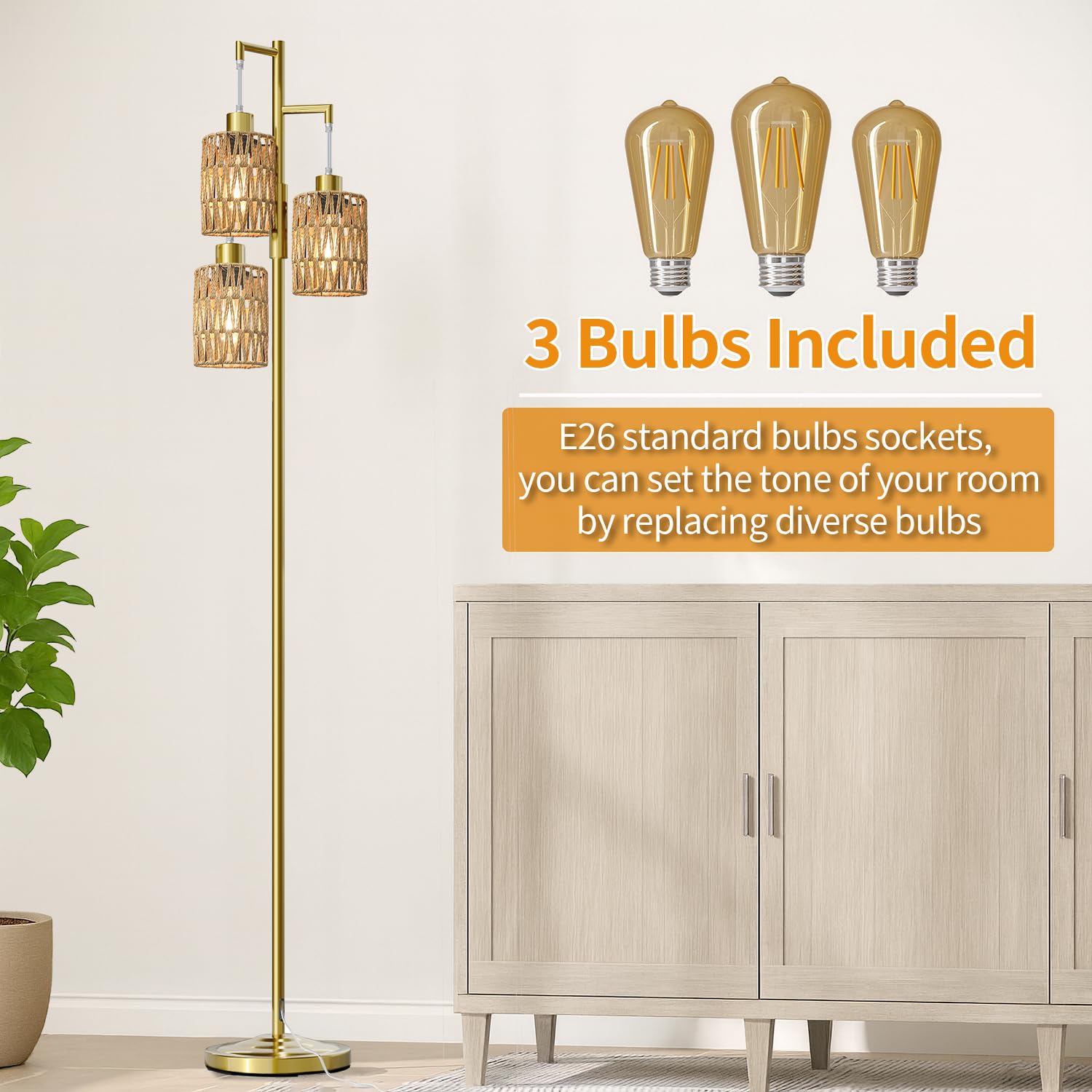 Oneach 70in Stepless Dimmable Floor Lamp, Metal Boho Tree Lamp with 3 Bulbs, Gold-Rattan, Model AMZ-F1175GL-3