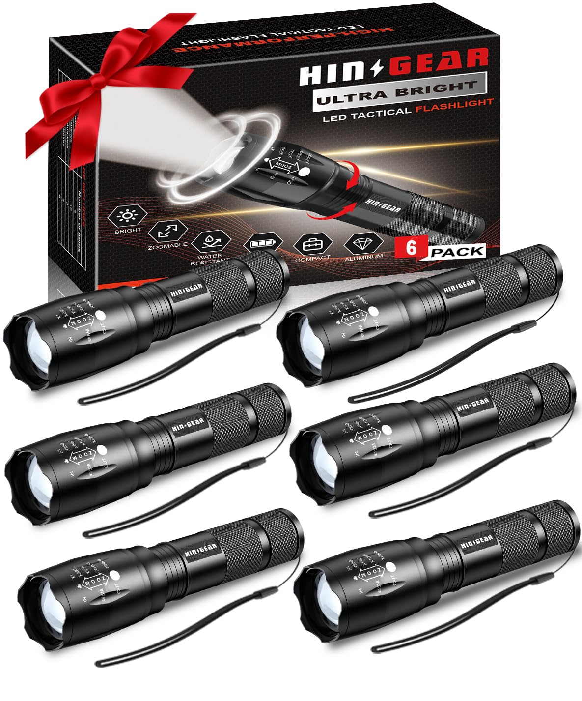 HinsGEAR LED Flashlight 6 Pack High Lumens Water Resistant Aluminum Black SL-2000