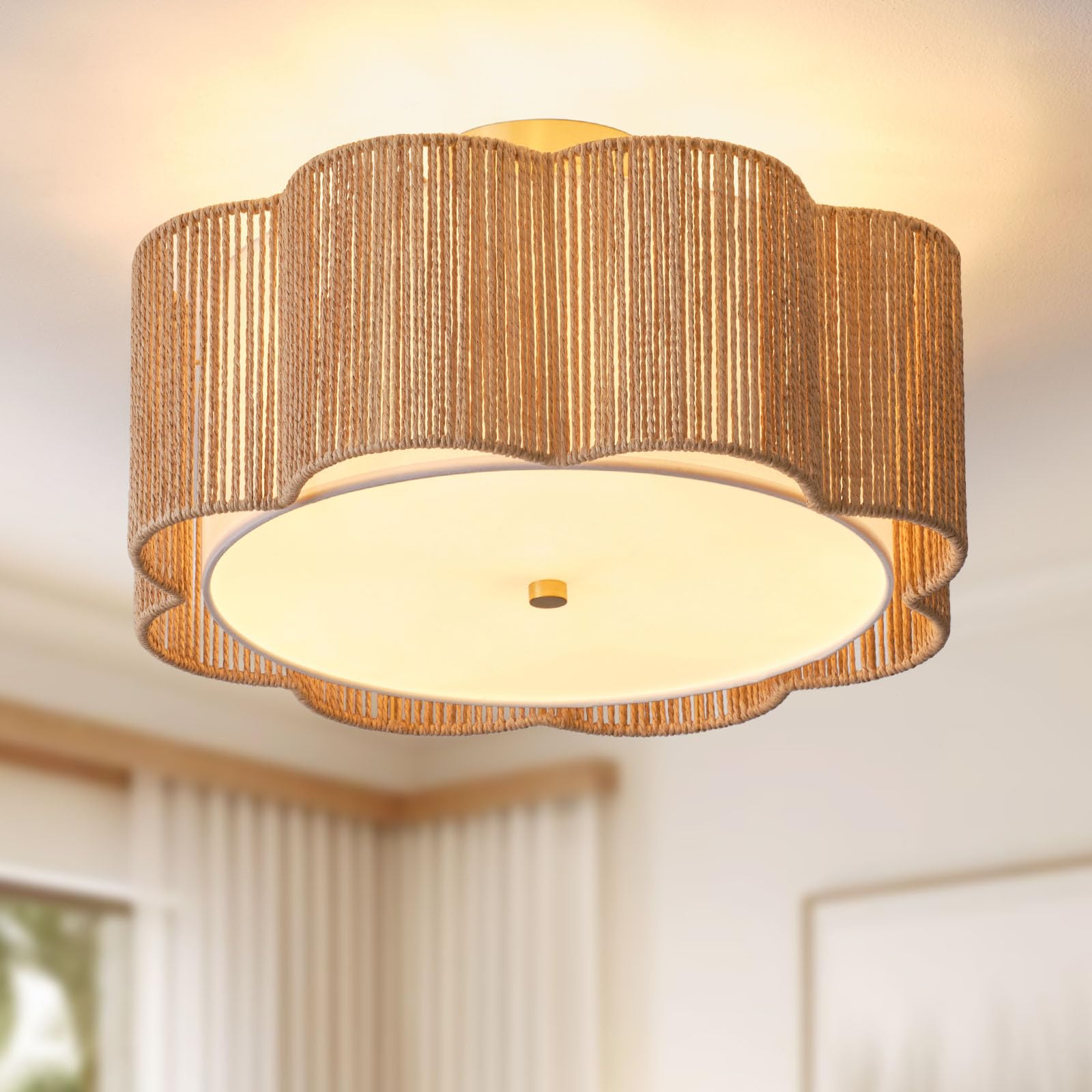 Giutna 17.7" Rattan Flush Mount Ceiling Light, 3-Light Boho Close To Ceiling Light Fixtures, Rattan Bedroom Ceiling Light, Farmhouse Large Drum Chandelier For Dining Room, Kitchen, Hallway(Yellow)