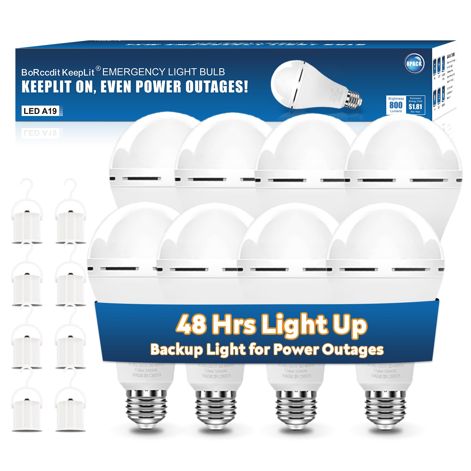 Borccdit Keeplit 8 Pack Emergency Rechargeable Light Bulbs, 48H Long Lasting & 3 Brightness Power Outage Lights,12W 5000K Batter