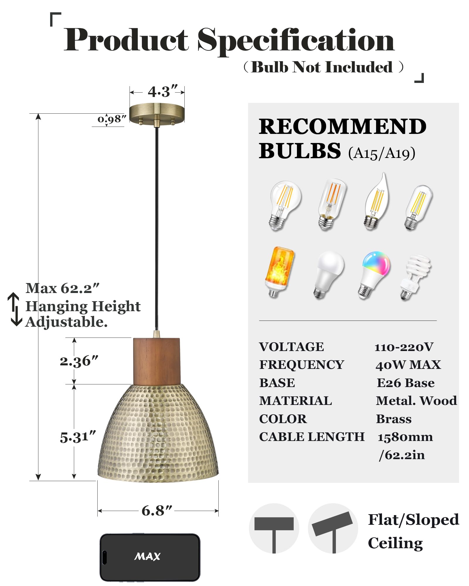 Elyona Vintage Hammered Metal Pendant Lights, Adjustable Height, Antique Gold, 3 Pack, Small