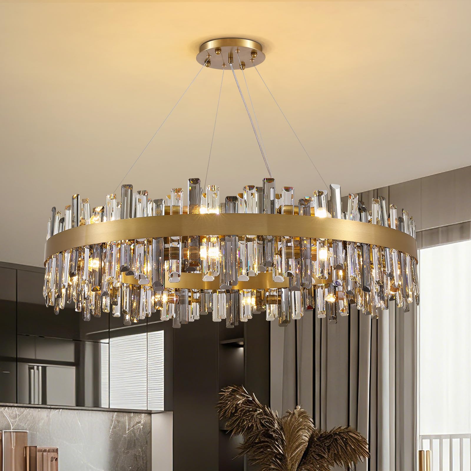 Siljoy Modern Crystal Chandelier 20 Lights Large Brushed Brass Gold Round Raindrop Chandelier Elegant 2-Tier K9 Crystal Pendant Ceiling Light for Dining Living Room Kitchen Foyer D39.4
