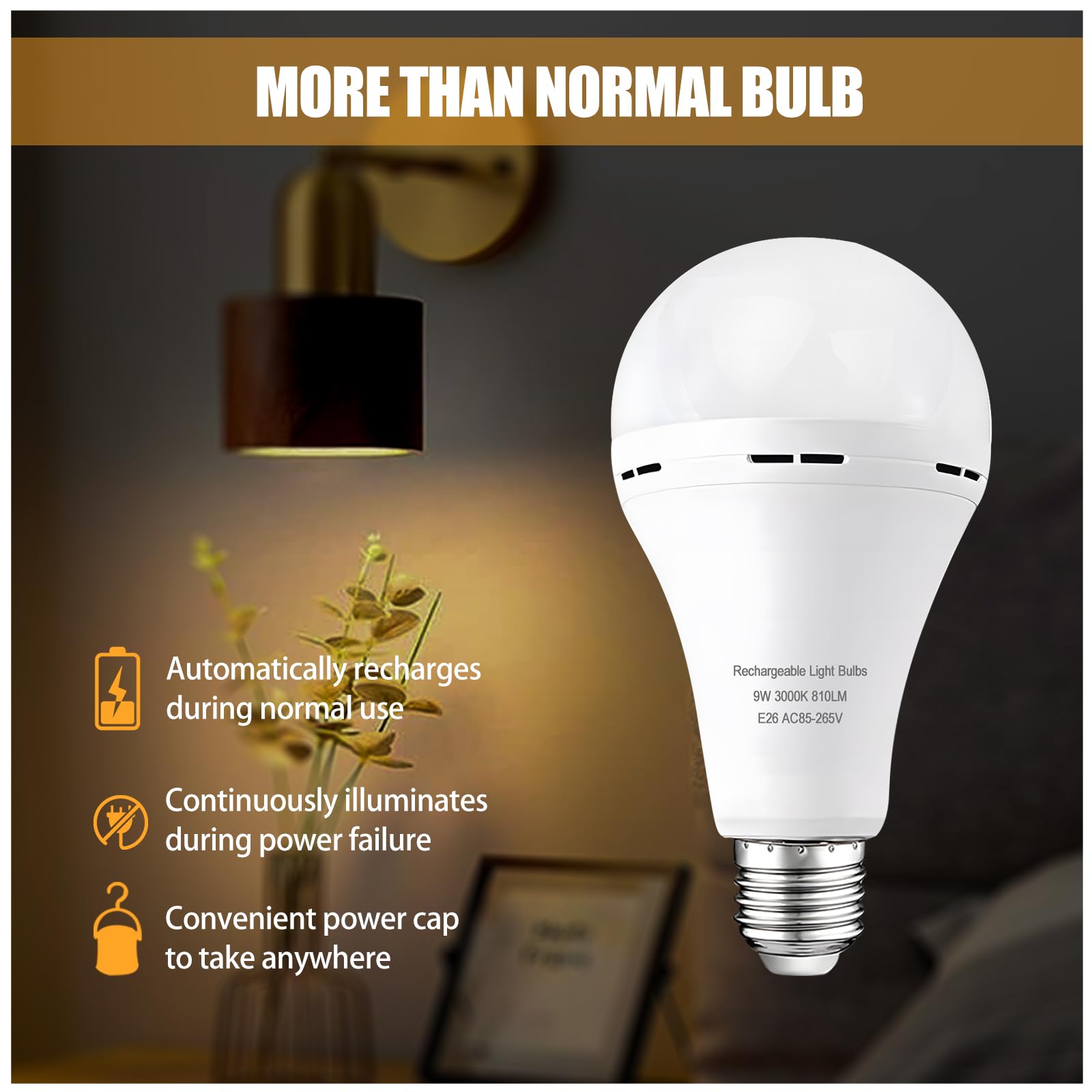 Noger Emergency Rechargeable Light Bulbs 6 Pack, A21 9W 3000K Battery Operated, 1200mAh for Home & Camping, Warm White