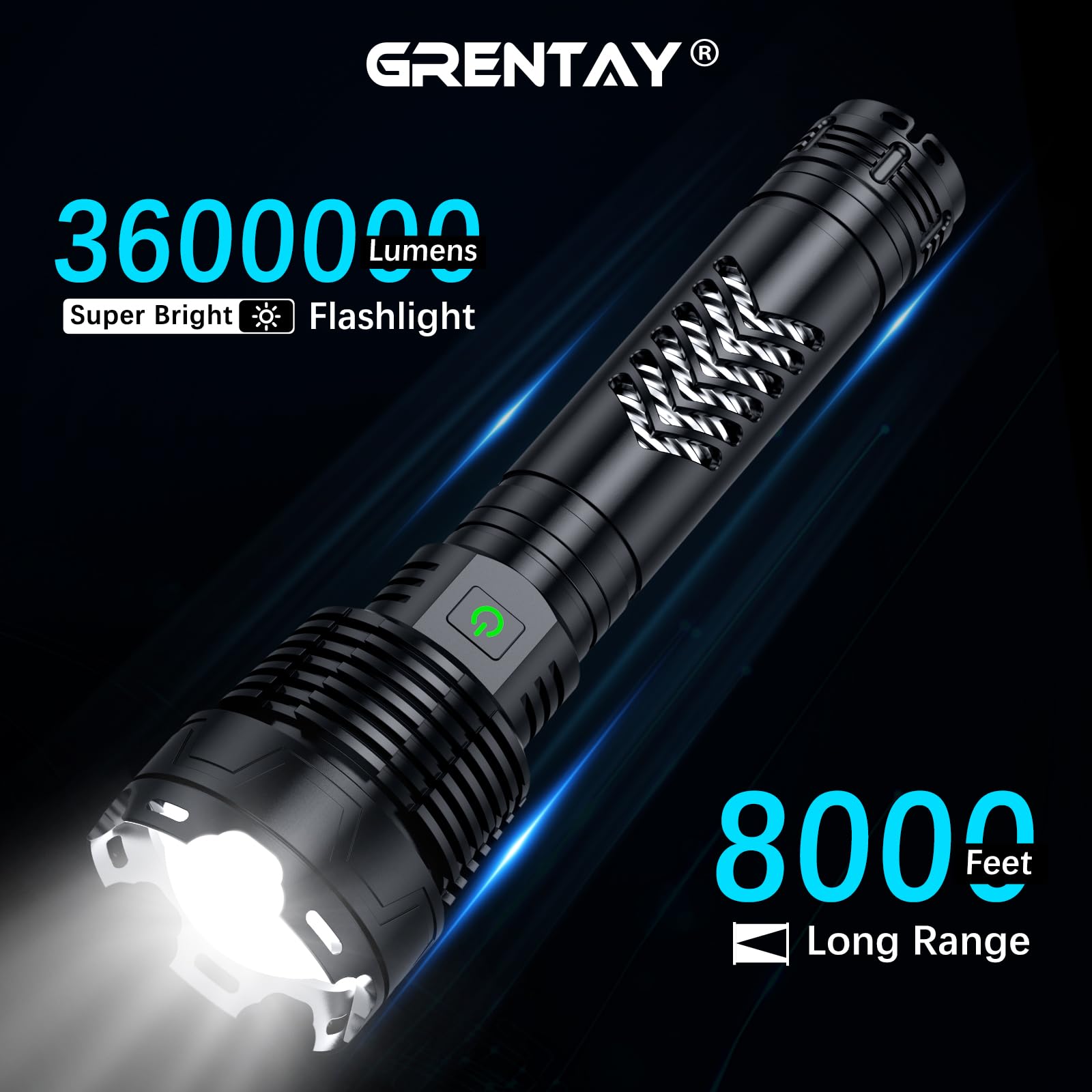 Grentay Rechargeable LED Flashlight, 3600 Lumens, Tactical, Large, Black, Model XHP160-L, Ideal for Camping and Home Emergencies