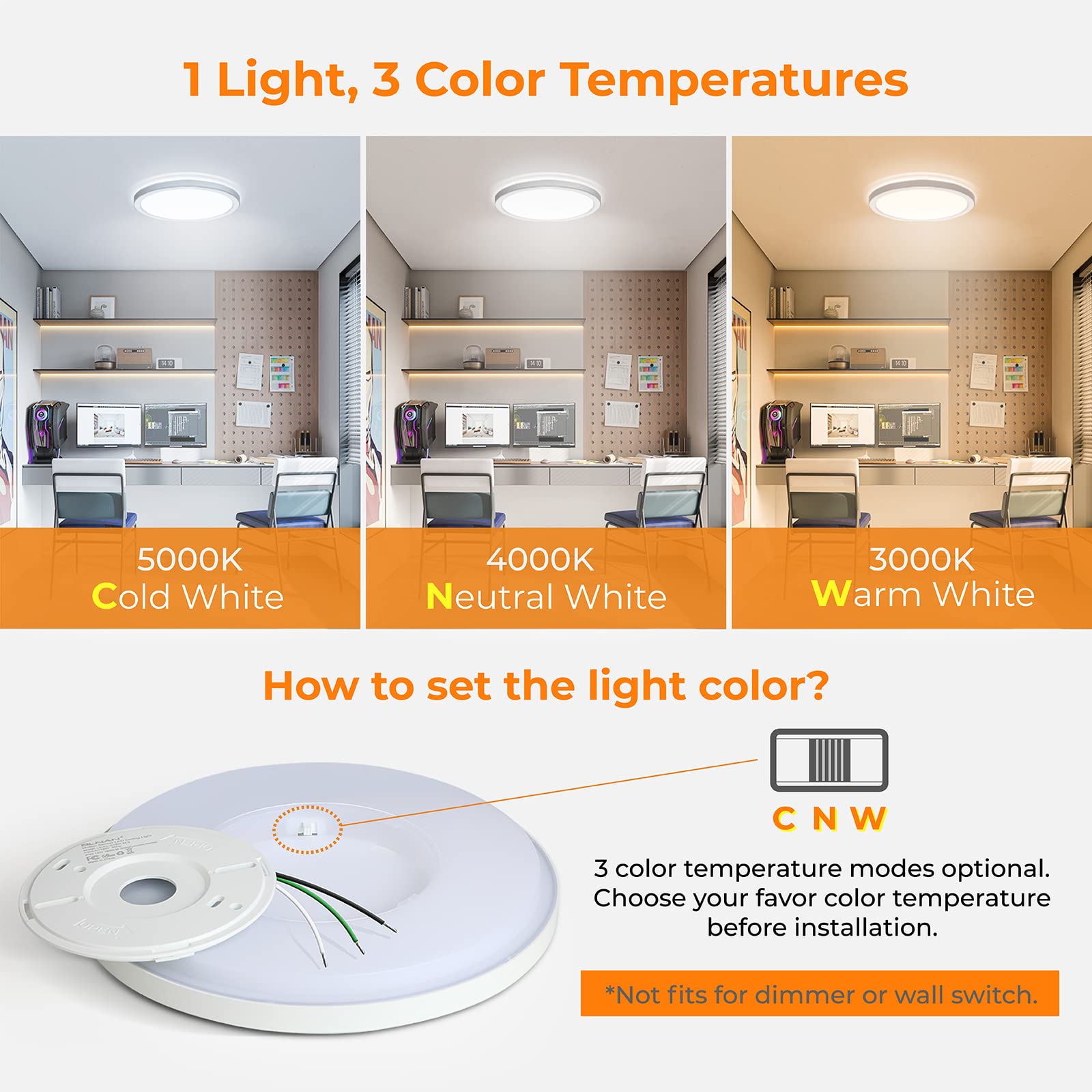 Blnan Led Flush Mount Ceiling Light, 8.66 Inch 18W 3000K/4000K/5000K Hardwire Light Fixture, Ultra Thin Round White Lamp For Kit