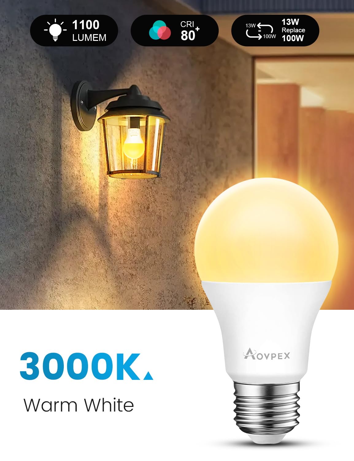 Aovpex Dusk to Dawn LED Light Bulbs, 13W (100W Equivalent), Warm White 3000K, 2 Pack, Built-in Photocell Sensor, Plastic