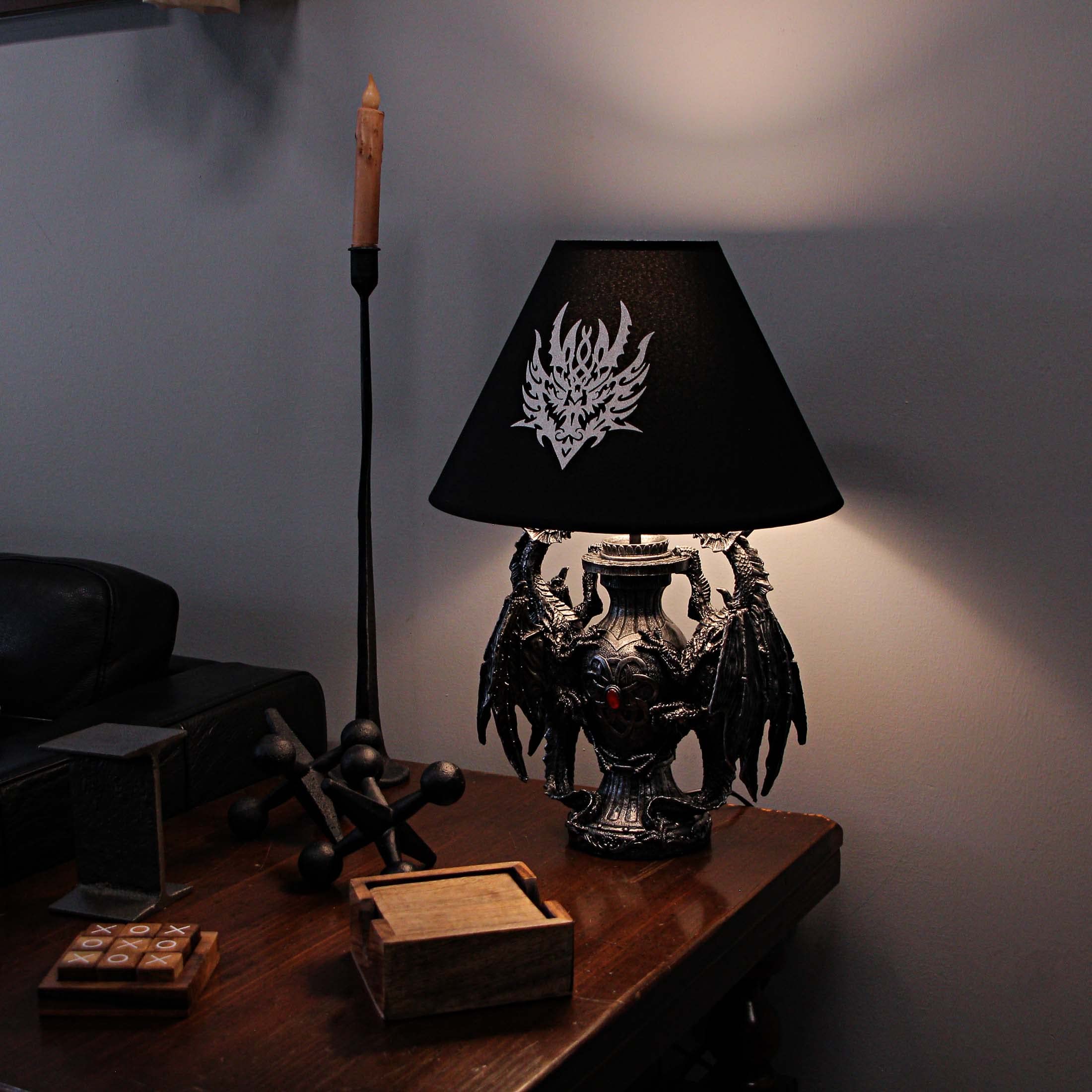 Zeckos Gothic Guardians Table Lamp - 19" Resin Medieval Dragon - Black Tribal Shade - Model HD37749