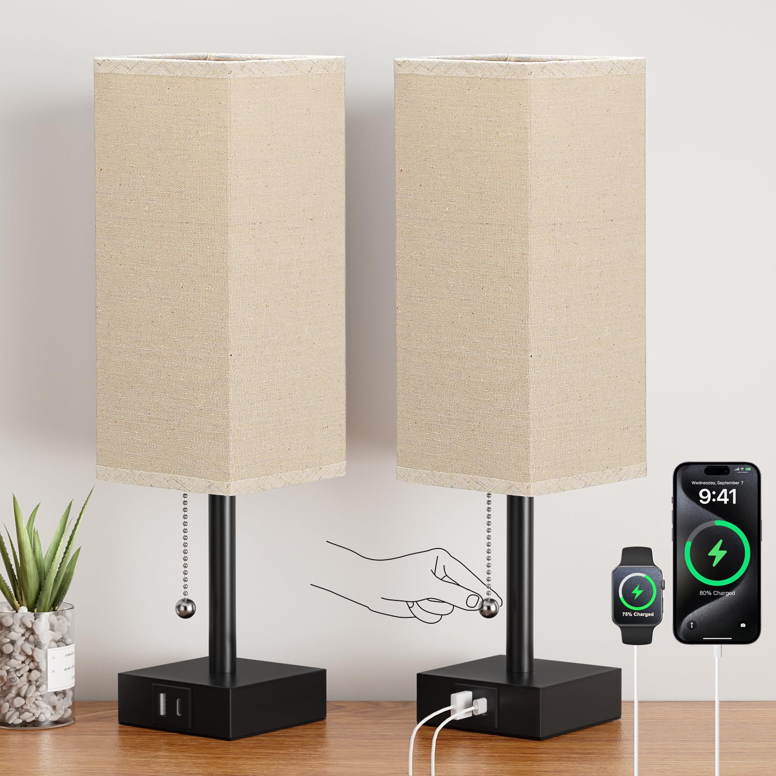Beige Bedside Table Lamps Set Of 2 - Square Bedroom Lamps With 3 Color Temperatures (3000K/5000K/4000K), Nightstand Lamps With U